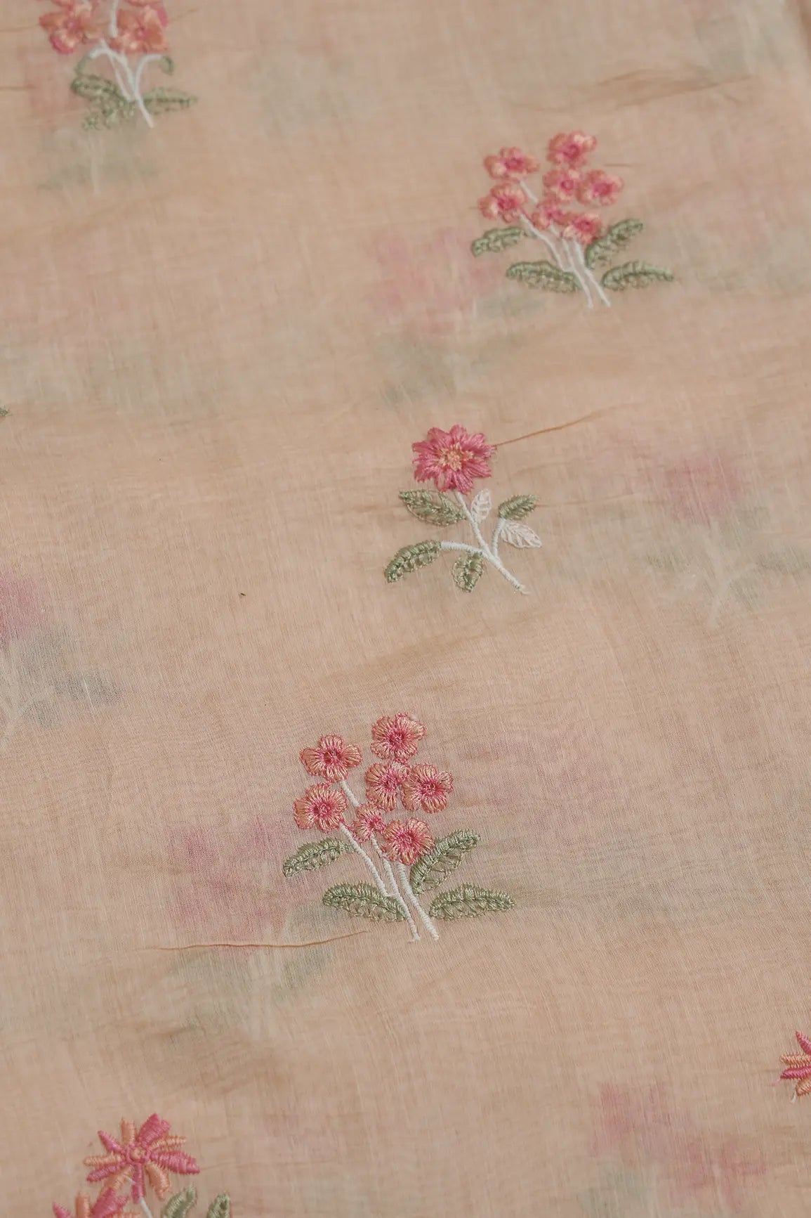 Pink And Olive Thread Beautiful Floral Embroidery On Pastel Peach Pure Mul Chanderi Silk Fabric