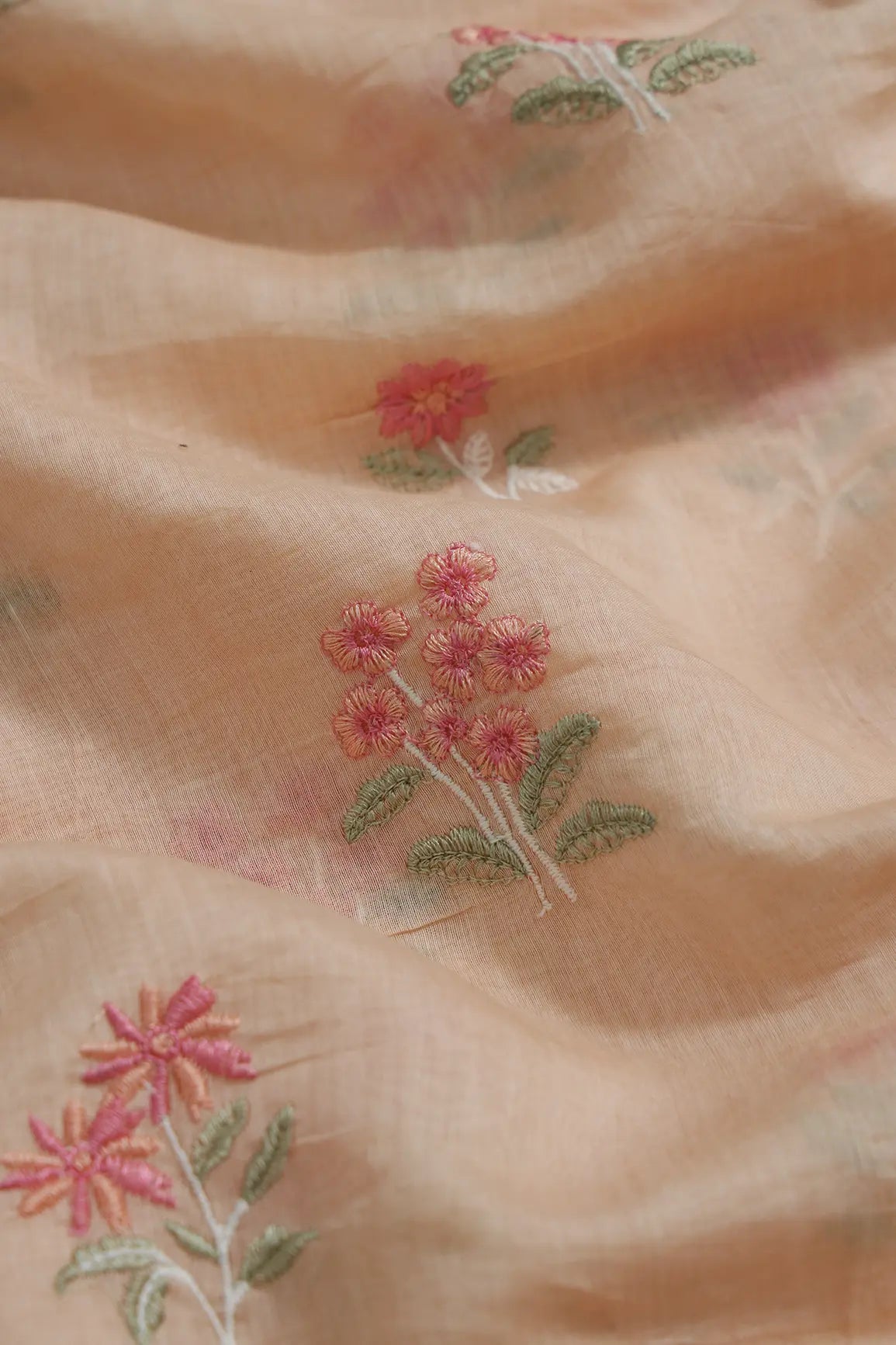 Pink And Olive Thread Beautiful Floral Embroidery On Pastel Peach Pure Mul Chanderi Silk Fabric