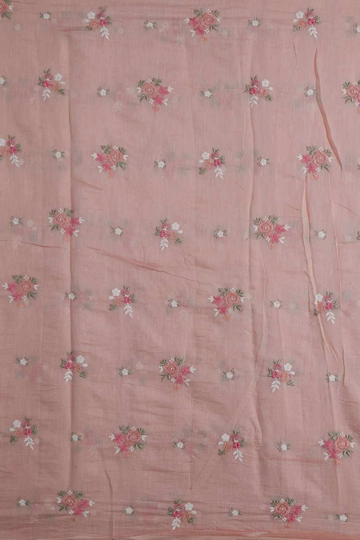 Beautiful Multi Thread Floral Embroidery Work On Peach Pure Mul Chanderi Silk Fabric