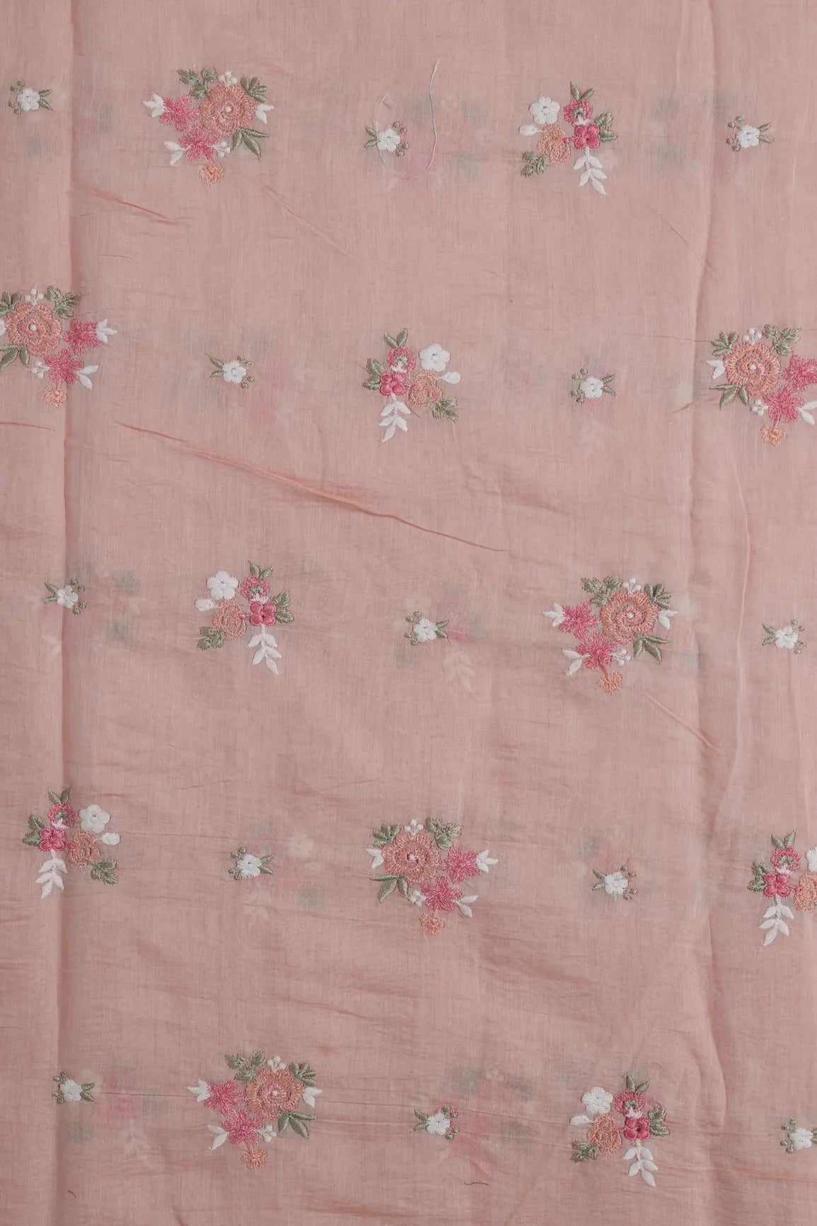 Beautiful Multi Thread Floral Embroidery Work On Peach Pure Mul Chanderi Silk Fabric