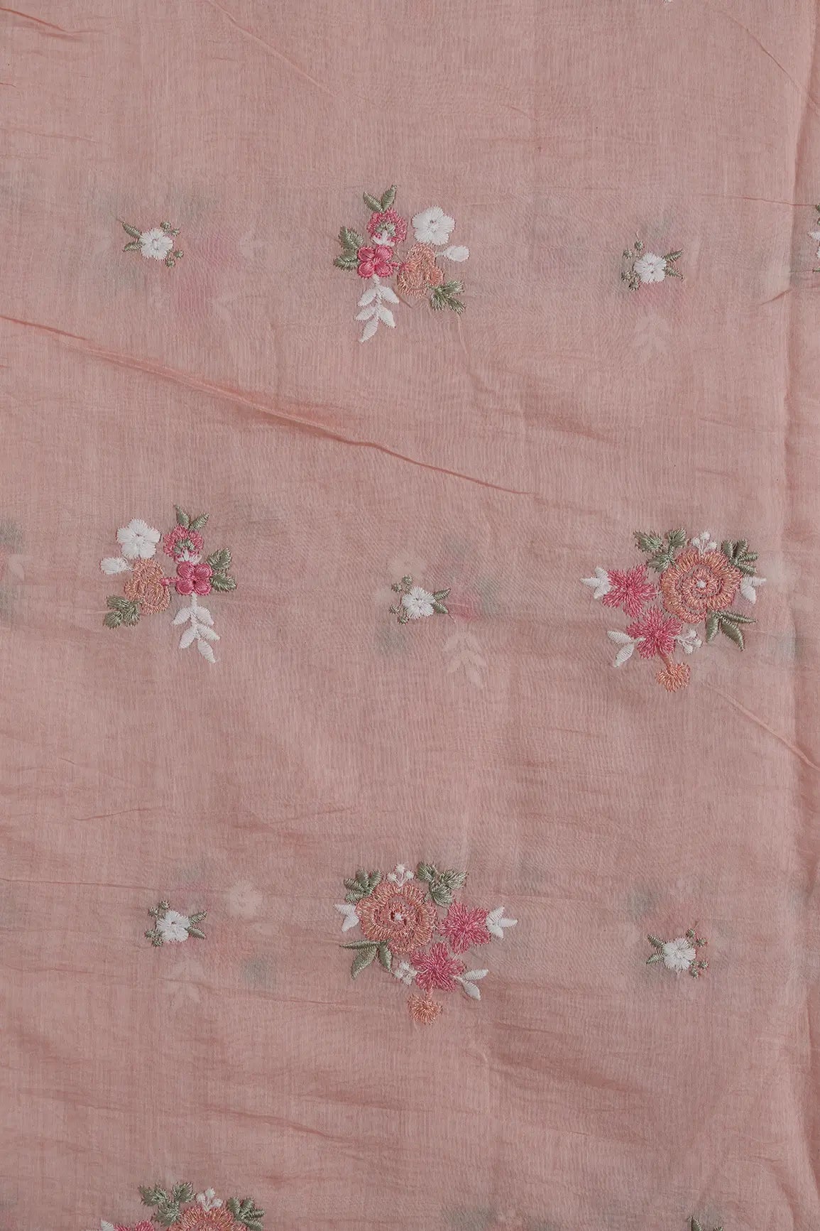 Beautiful Multi Thread Floral Embroidery Work On Peach Pure Mul Chanderi Silk Fabric