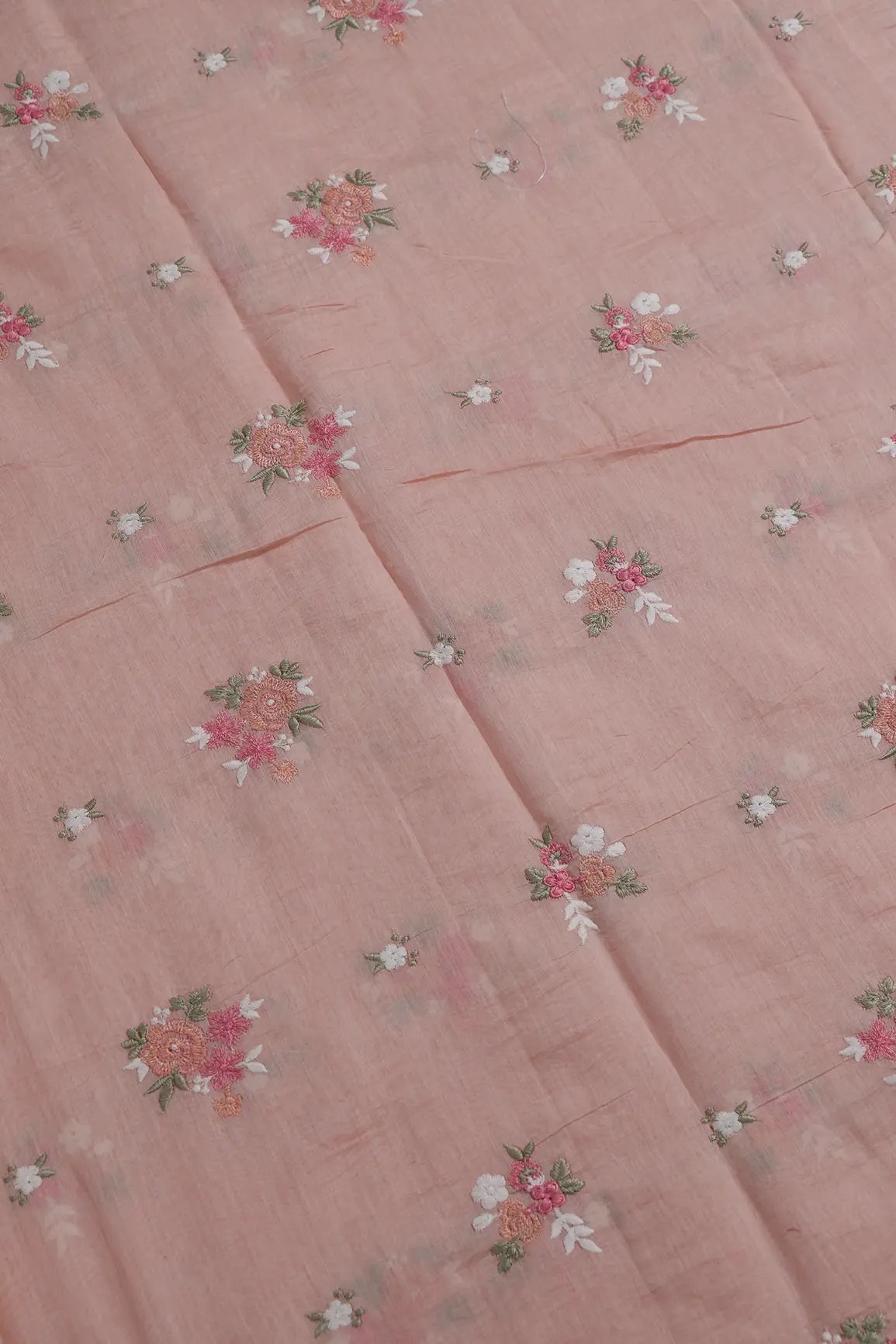 Beautiful Multi Thread Floral Embroidery Work On Peach Pure Mul Chanderi Silk Fabric