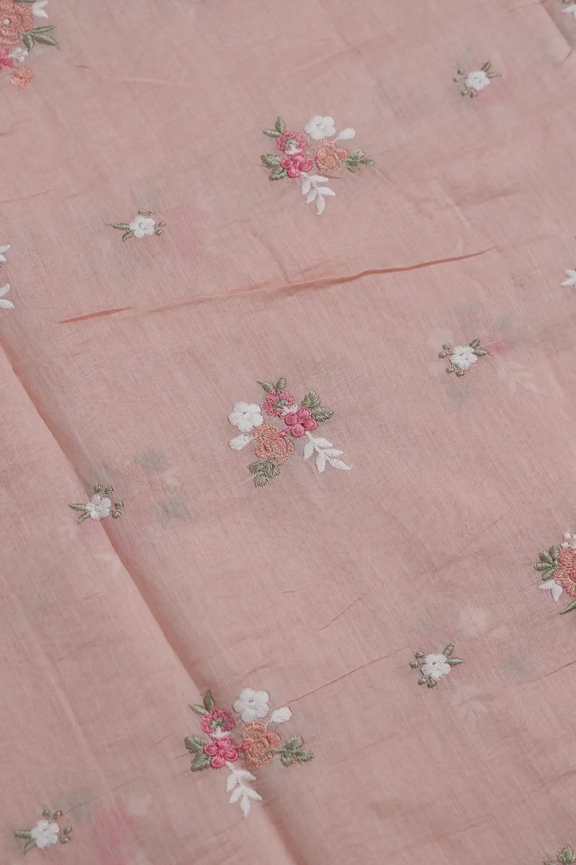 Beautiful Multi Thread Floral Embroidery Work On Peach Pure Mul Chanderi Silk Fabric
