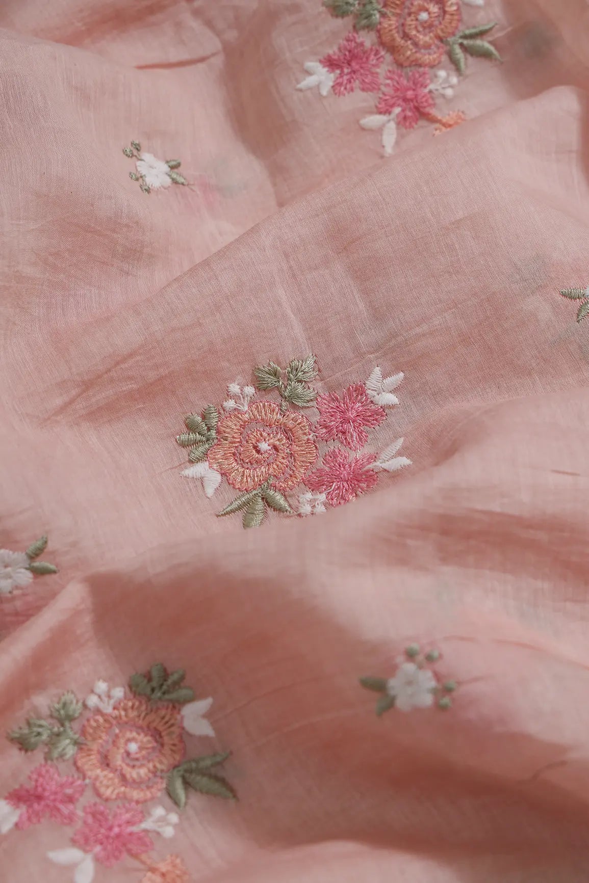Beautiful Multi Thread Floral Embroidery Work On Peach Pure Mul Chanderi Silk Fabric