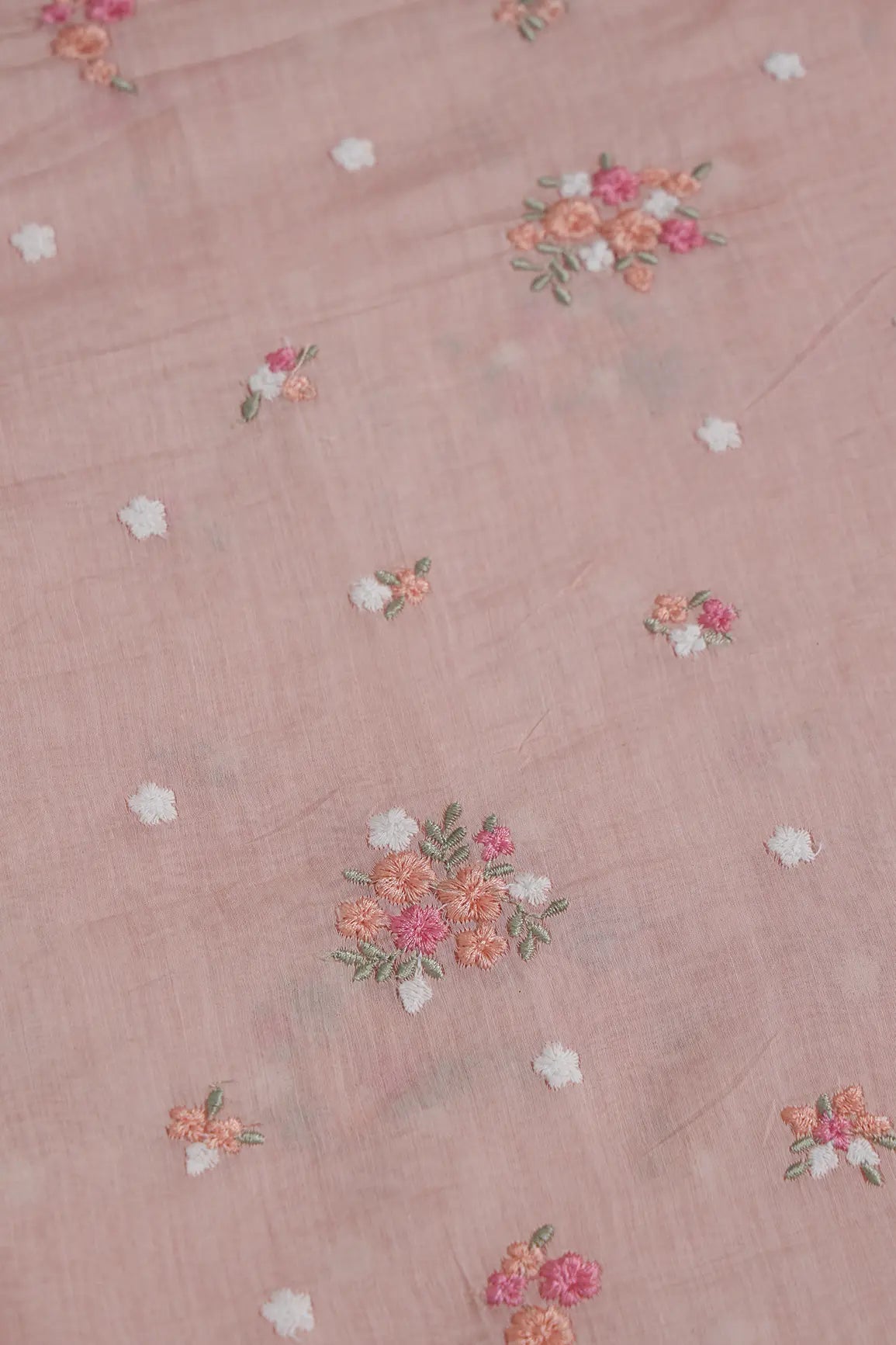 Beautiful Multi Thread Floral Embroidery Work On Peach Pure Mul Chanderi Silk Fabric