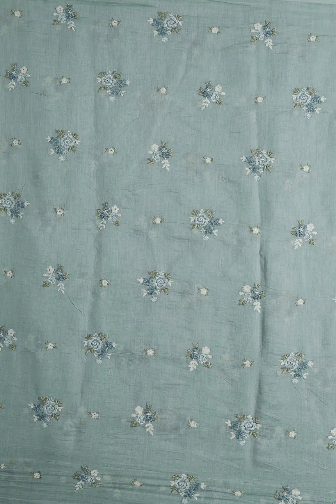 Beautiful Multi Thread Floral Embroidery Work On Teal Pure Mul Chanderi Silk Fabric