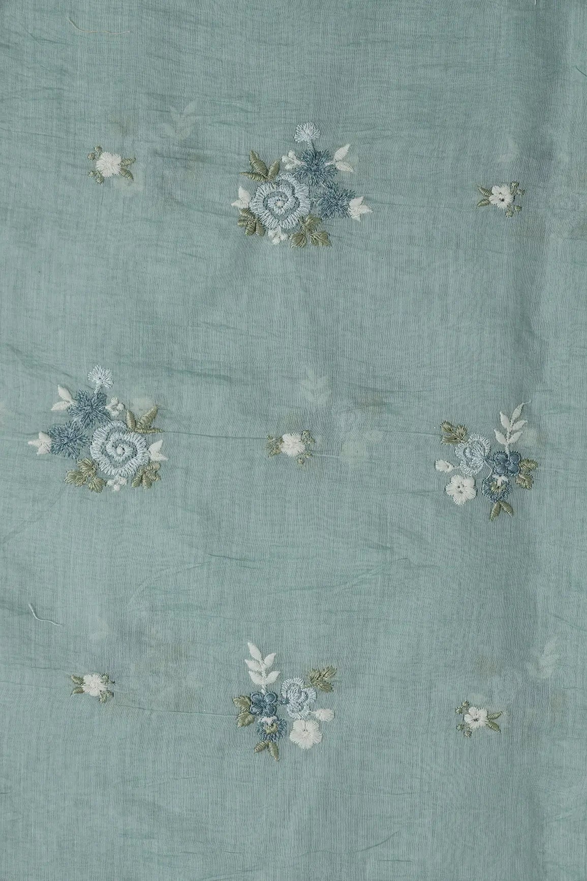 Beautiful Multi Thread Floral Embroidery Work On Teal Pure Mul Chanderi Silk Fabric