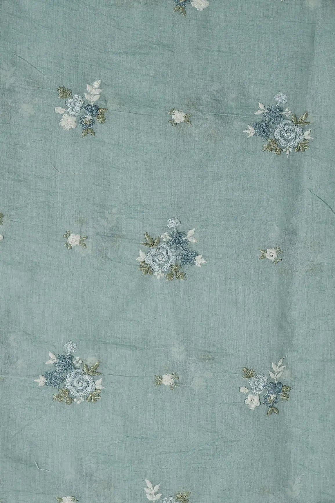 Beautiful Multi Thread Floral Embroidery Work On Teal Pure Mul Chanderi Silk Fabric