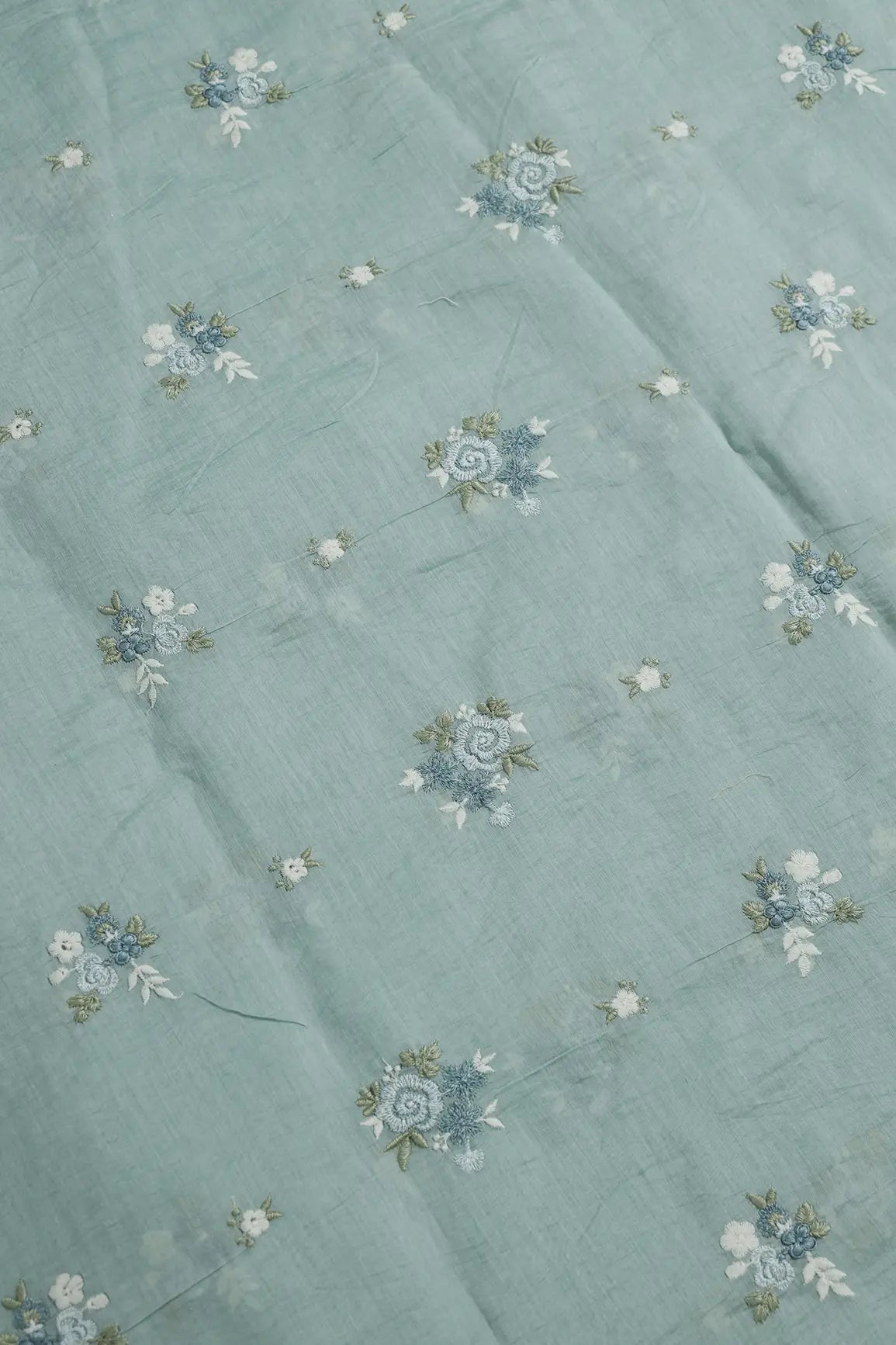 Beautiful Multi Thread Floral Embroidery Work On Teal Pure Mul Chanderi Silk Fabric