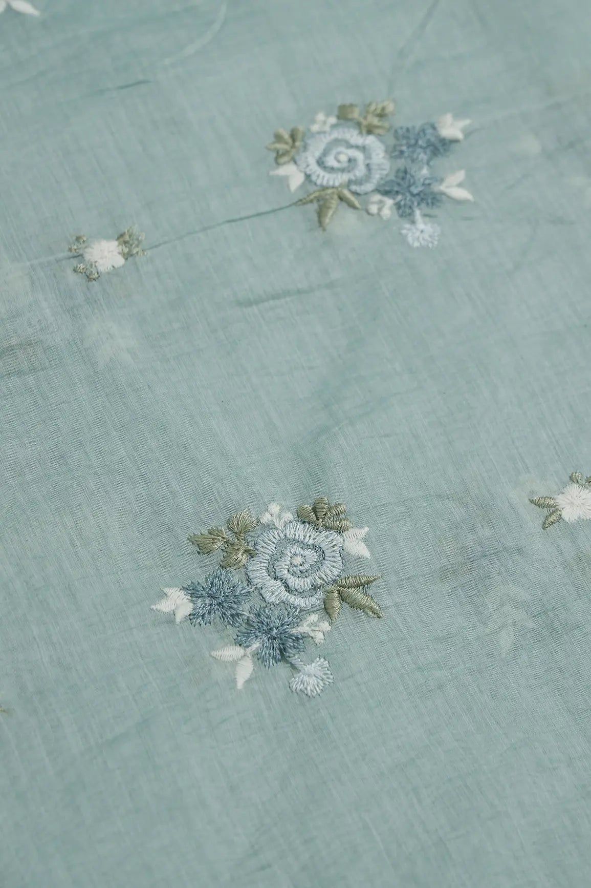 Beautiful Multi Thread Floral Embroidery Work On Teal Pure Mul Chanderi Silk Fabric