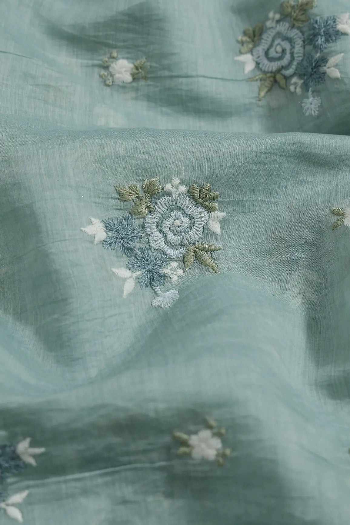 Beautiful Multi Thread Floral Embroidery Work On Teal Pure Mul Chanderi Silk Fabric