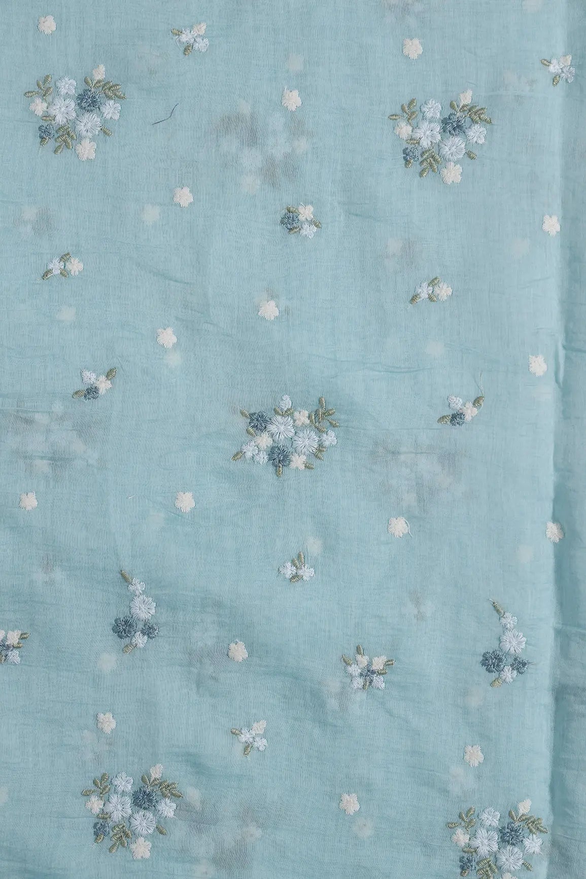 Beautiful Multi Thread Floral Embroidery Work On Powder Blue Pure Mul Chanderi Silk Fabric
