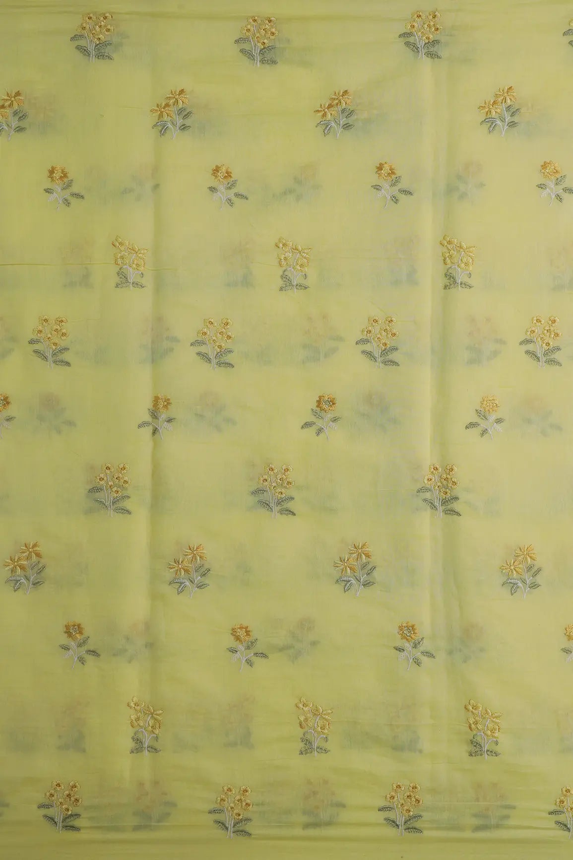 Yellow And Olive Thread Beautiful Floral Embroidery On Yellow Pure Mul Chanderi Silk Fabric