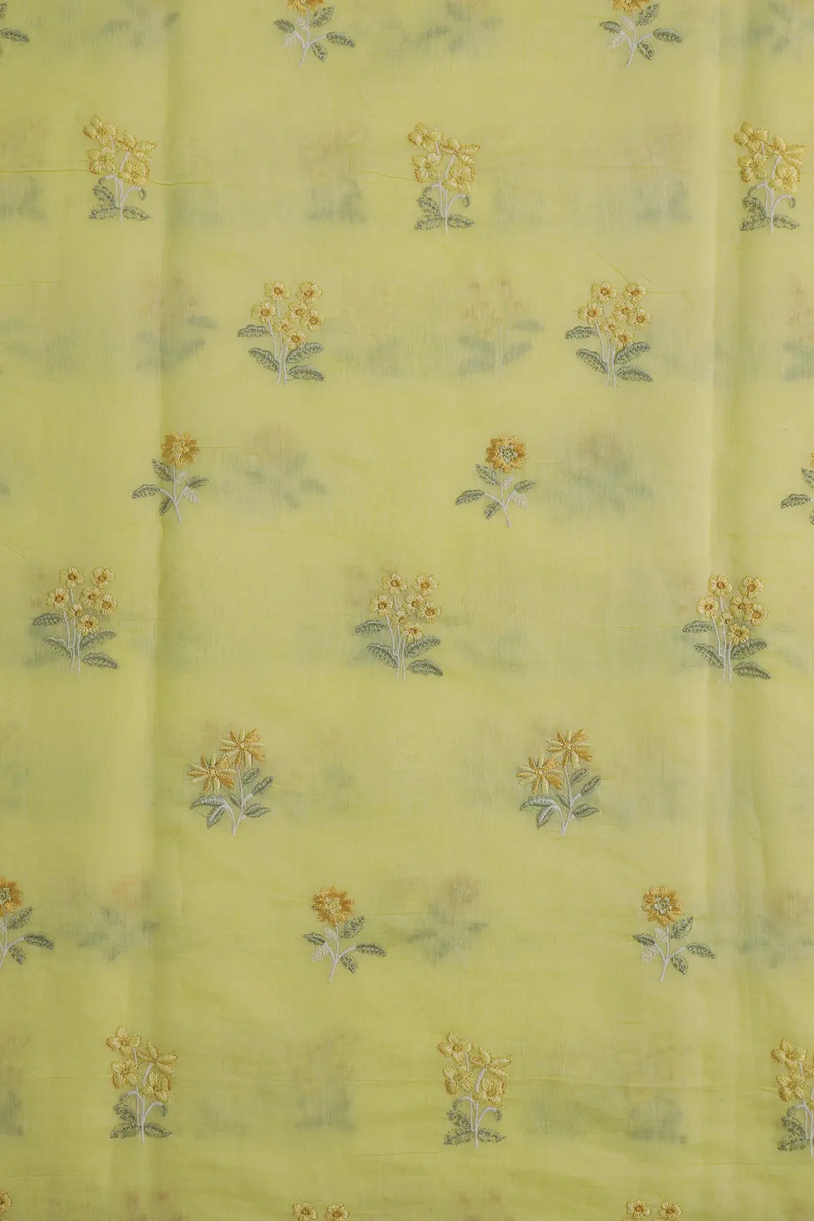 Yellow And Olive Thread Beautiful Floral Embroidery On Yellow Pure Mul Chanderi Silk Fabric