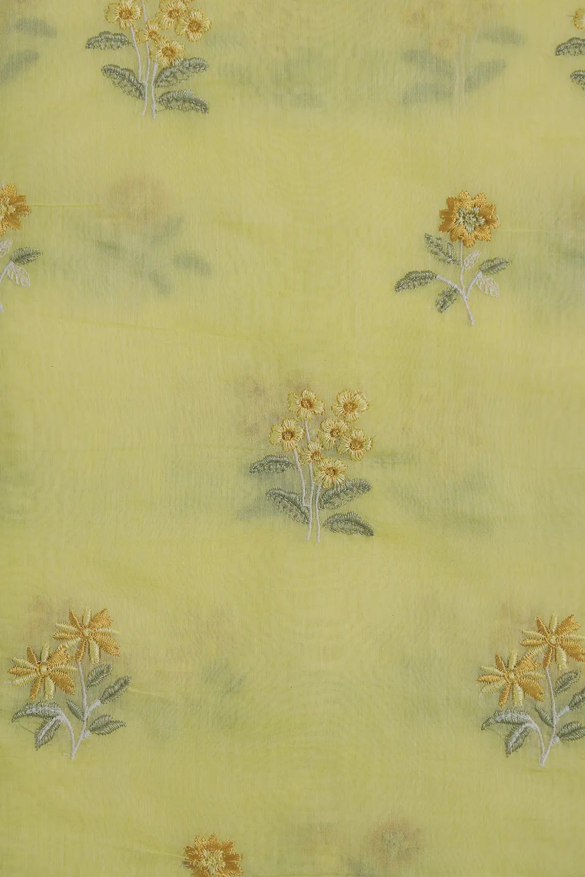 Yellow And Olive Thread Beautiful Floral Embroidery On Yellow Pure Mul Chanderi Silk Fabric