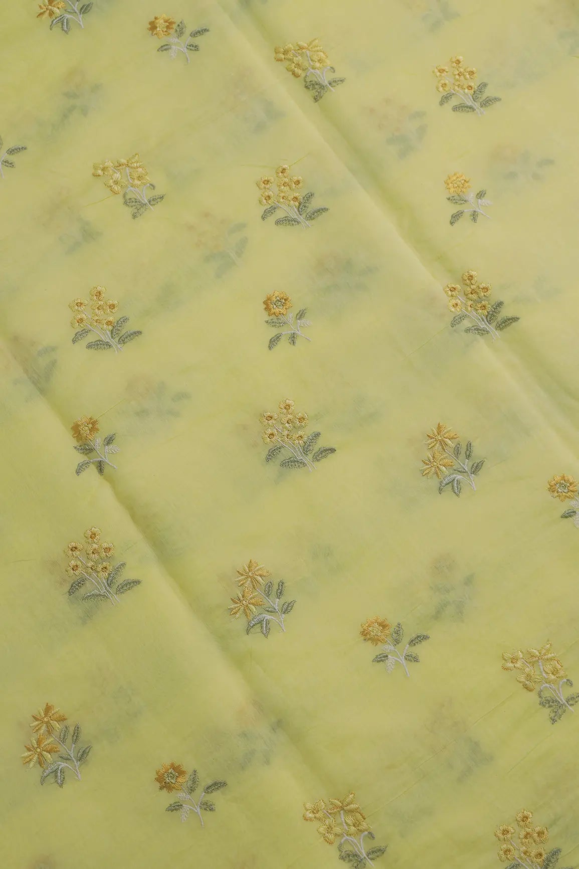 Yellow And Olive Thread Beautiful Floral Embroidery On Yellow Pure Mul Chanderi Silk Fabric