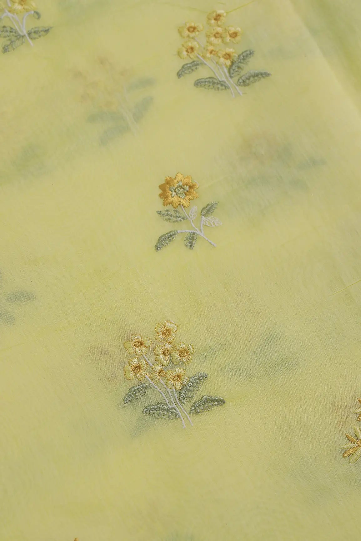 Yellow And Olive Thread Beautiful Floral Embroidery On Yellow Pure Mul Chanderi Silk Fabric