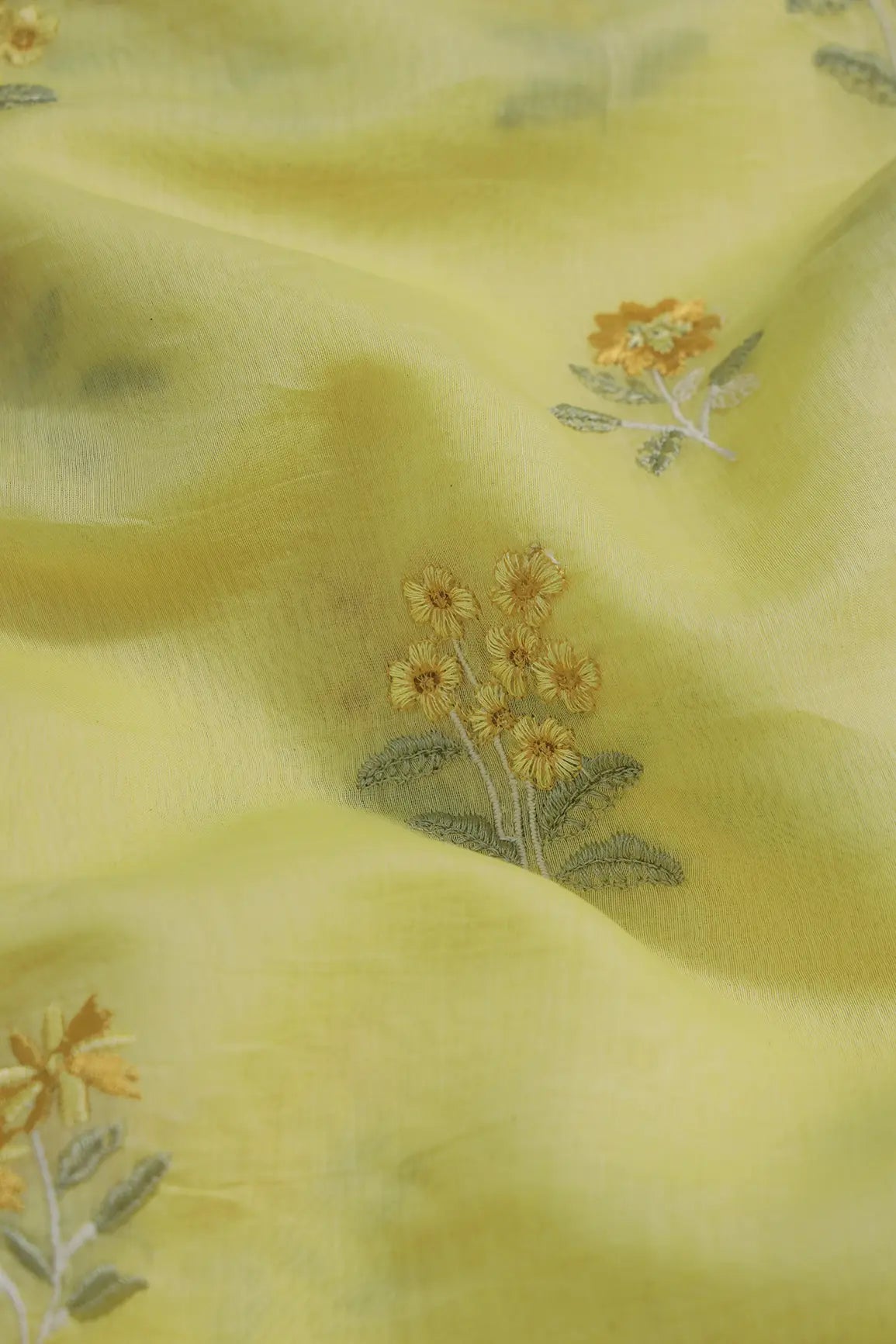 Yellow And Olive Thread Beautiful Floral Embroidery On Yellow Pure Mul Chanderi Silk Fabric