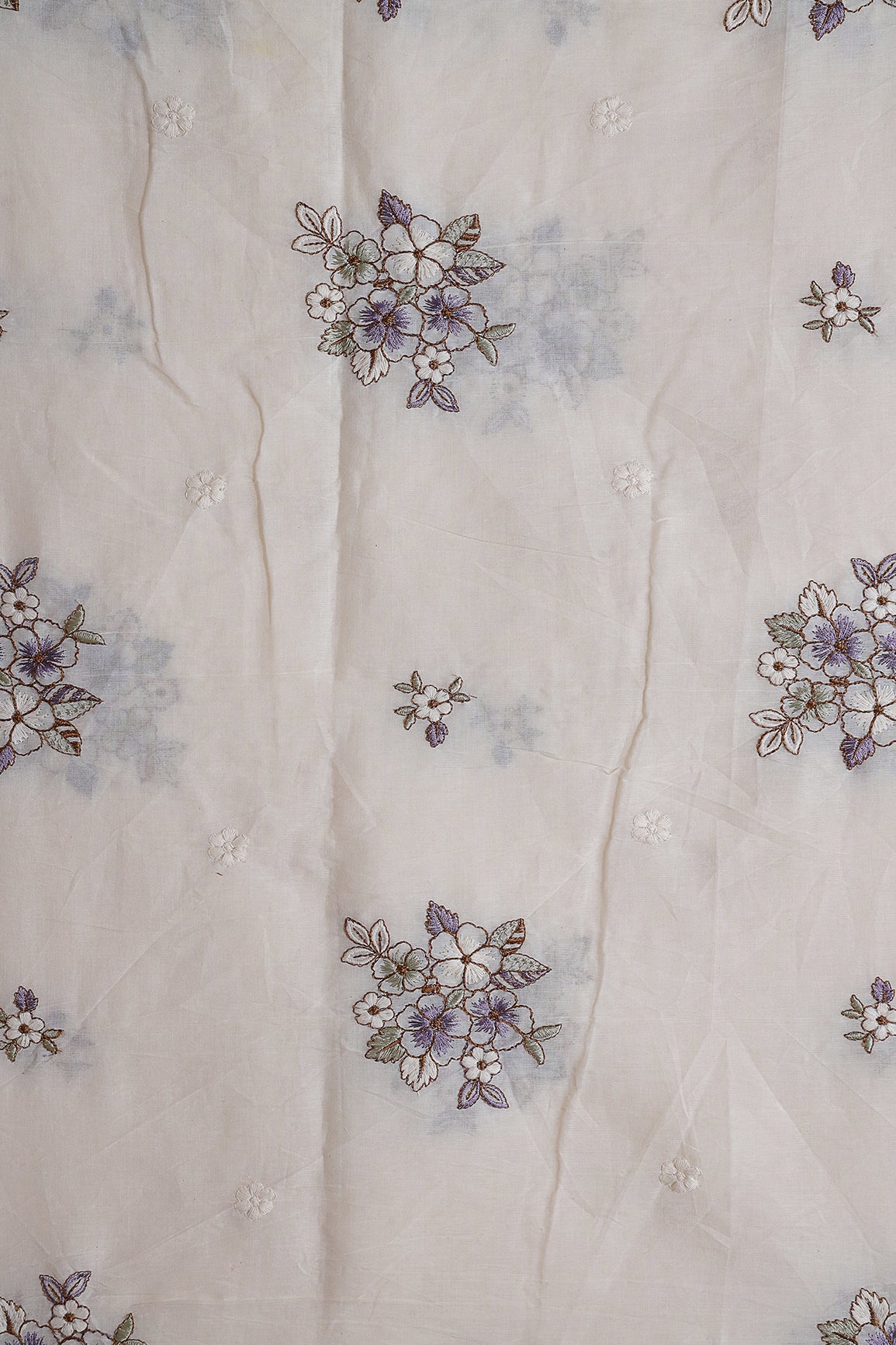 Lavender And Olive Thread Floral Embroidery On Off White Organic Cotton Fabric