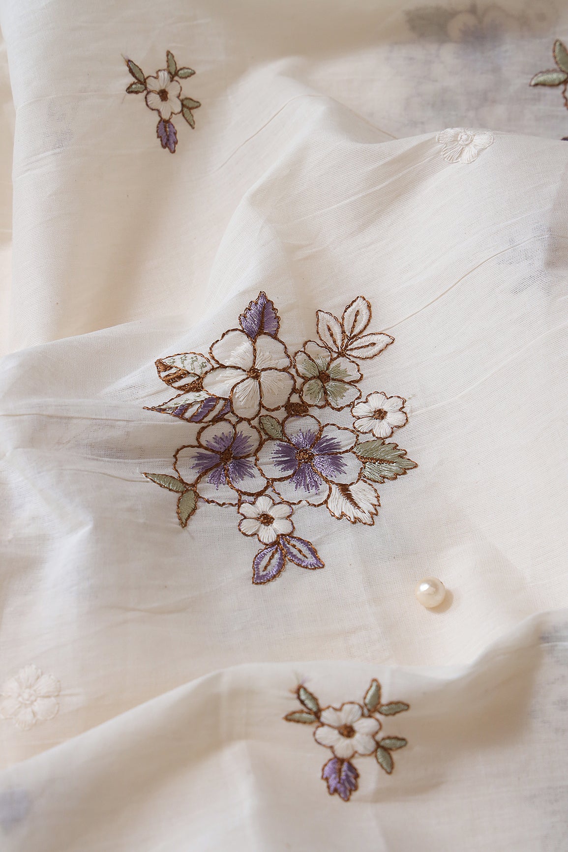 Lavender And Olive Thread Floral Embroidery On Off White Organic Cotton Fabric
