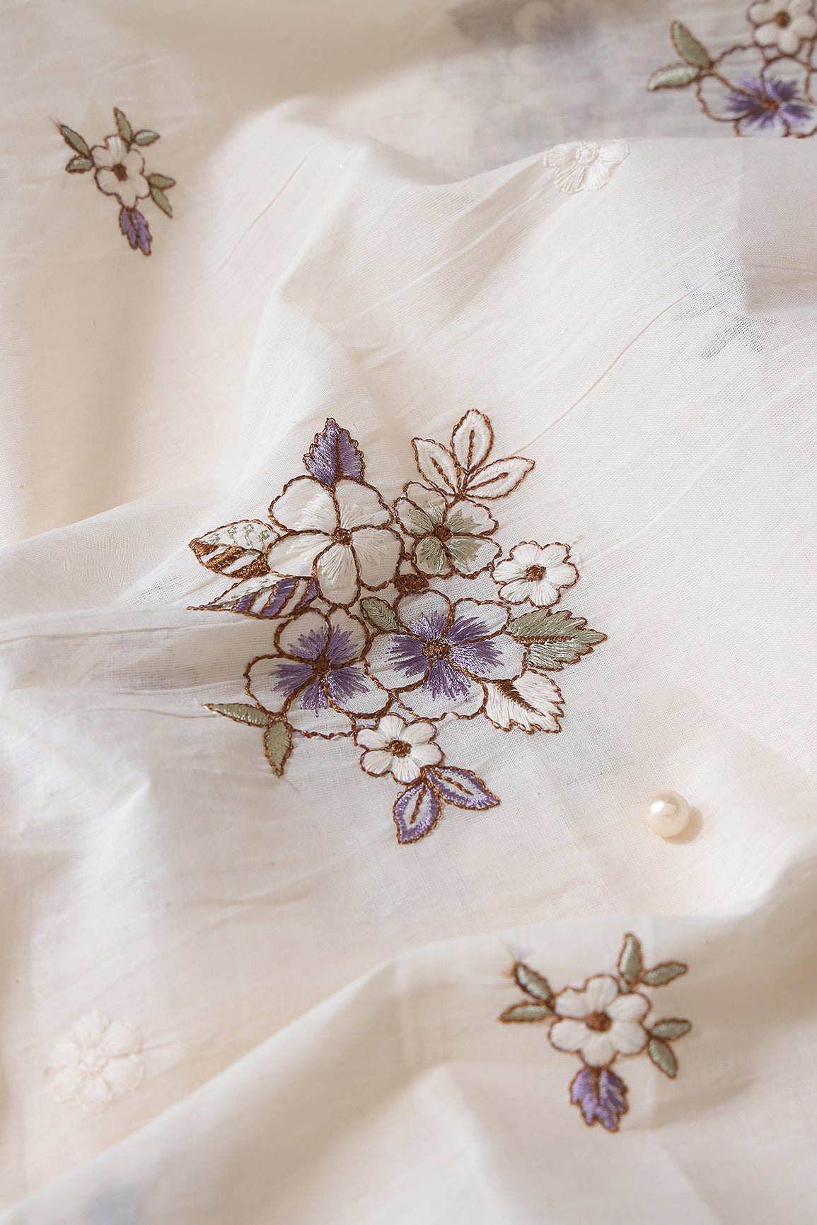 Lavender And Olive Thread Floral Embroidery On Off White Organic Cotton Fabric