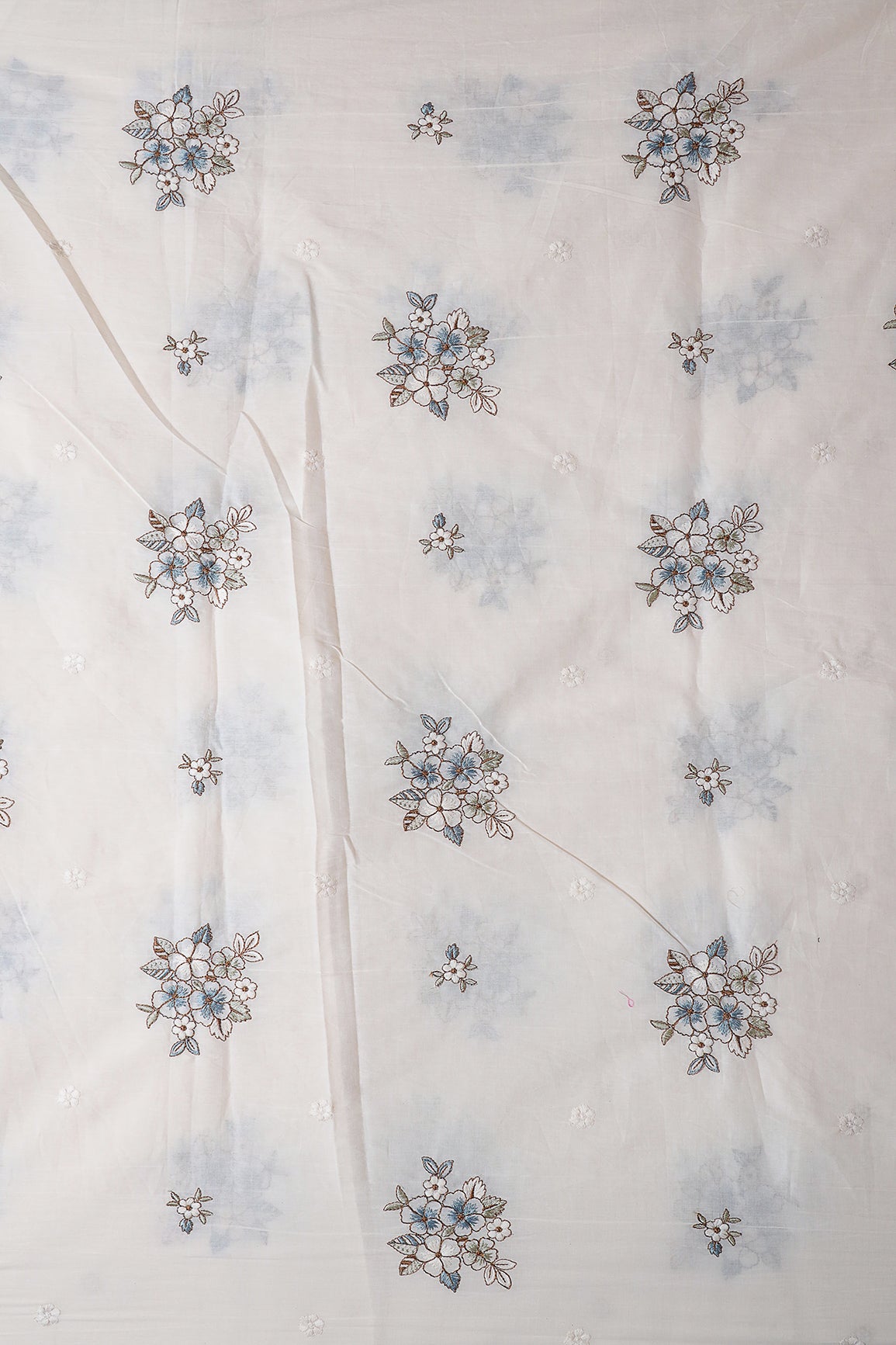 Rama And Olive Thread Floral Embroidery On Off White Organic Cotton Fabric