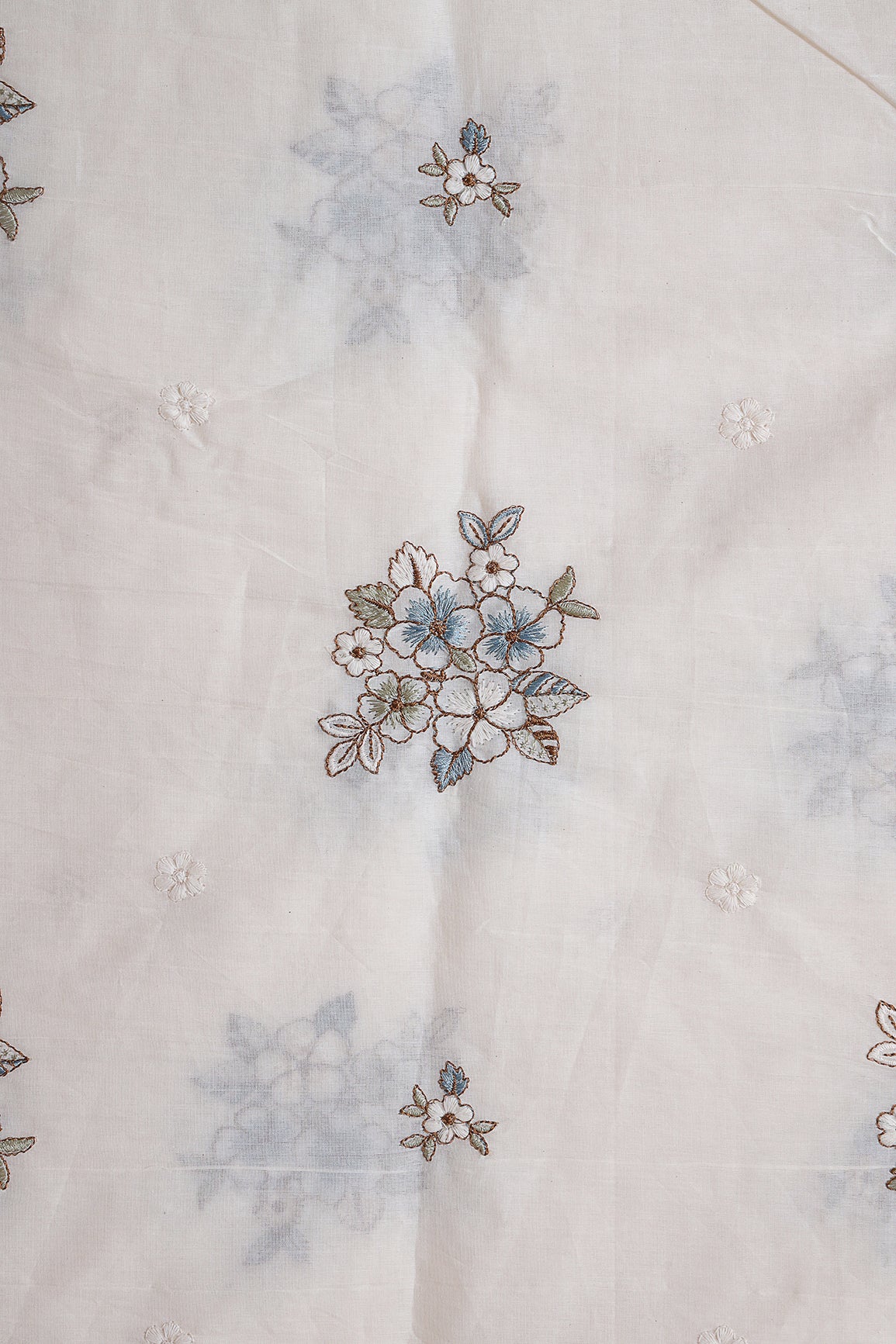 Rama And Olive Thread Floral Embroidery On Off White Organic Cotton Fabric