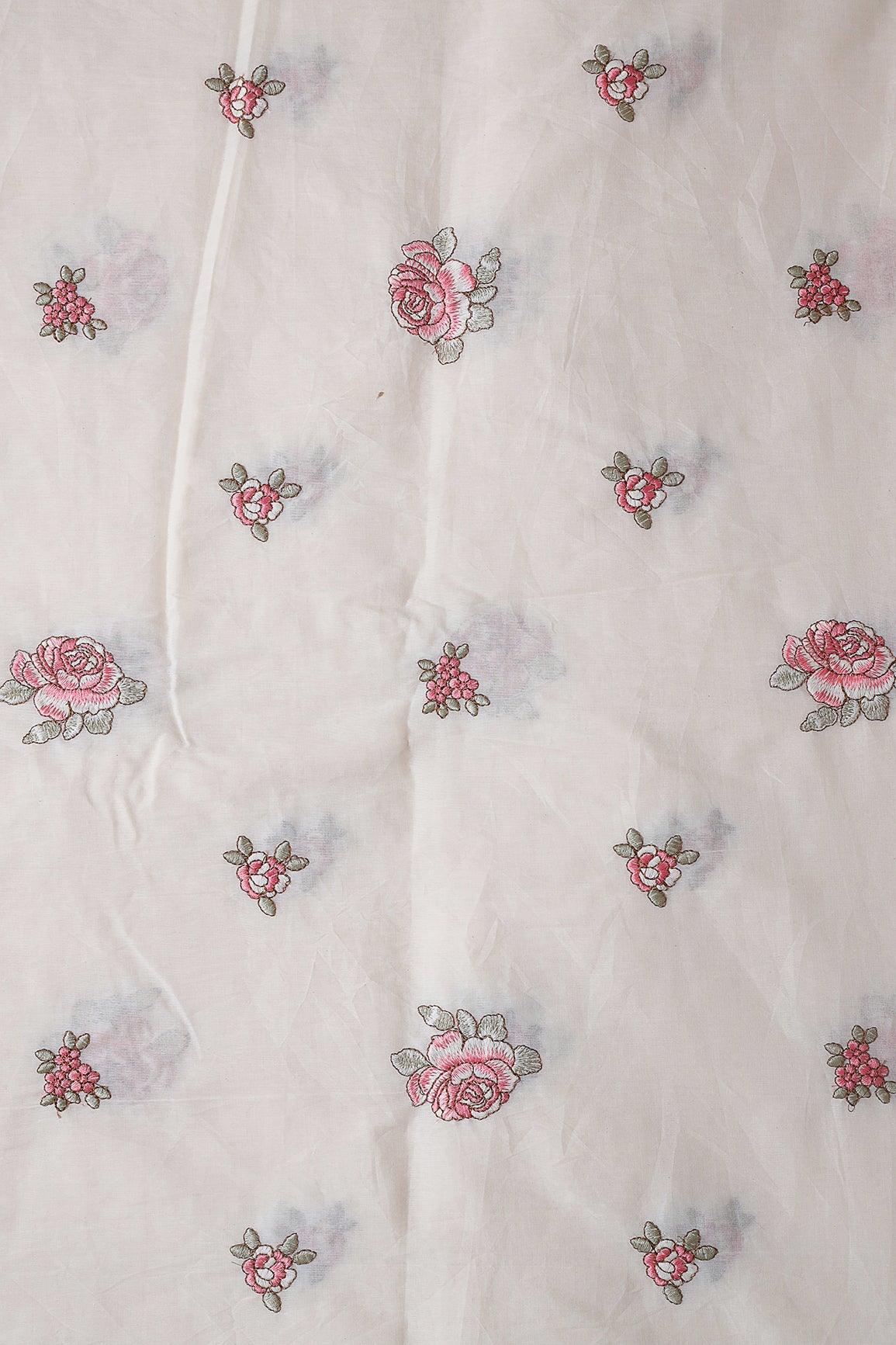 Gajri Pink And Olive Thread Floral Embroidery On Off White Organic Cotton Fabric