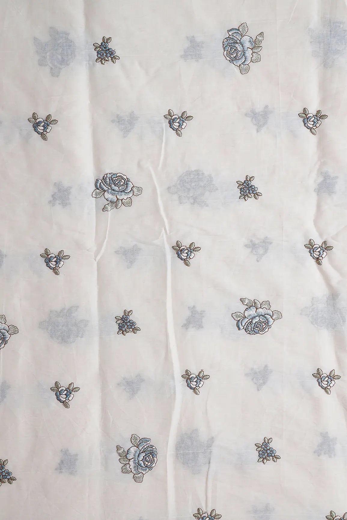 Blue And Olive Thread Floral Embroidery On Off White Organic Cotton Fabric