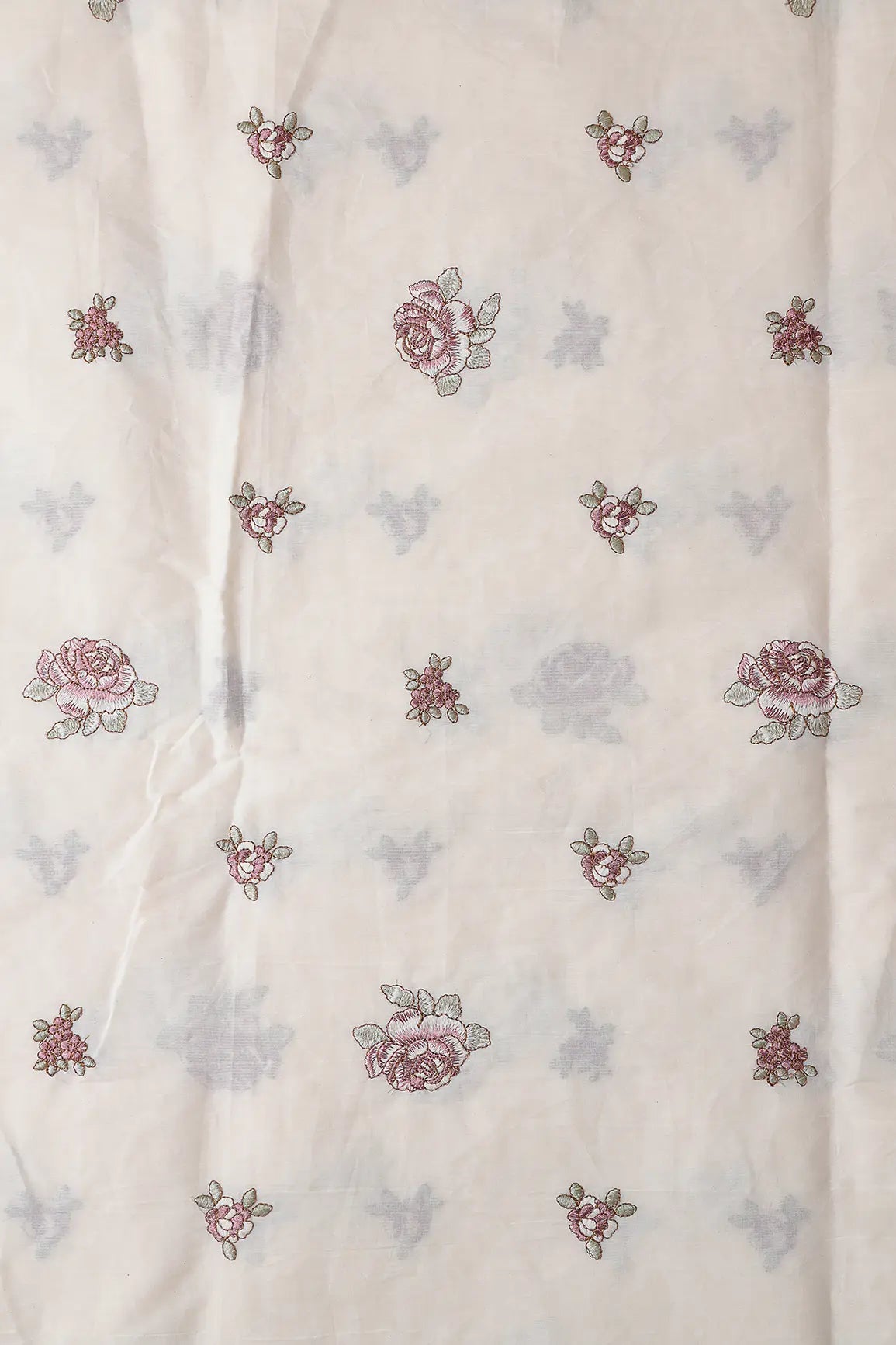 Mauve And Olive Thread Floral Embroidery On Off White Organic Cotton Fabric