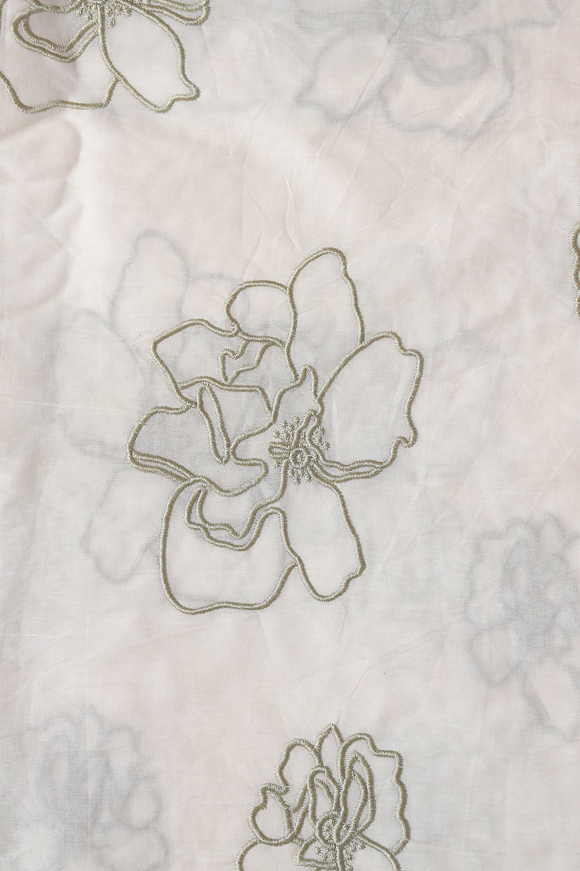 Beautiful Olive Floral Embroidery On Off White Organic Cotton Fabric