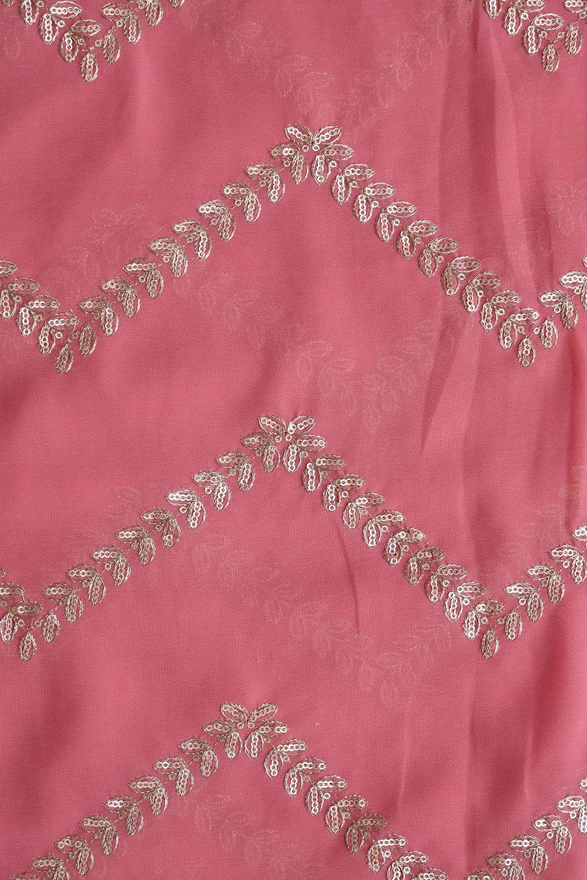 Gold Zari With Gold Sequins Chevron Embroidery Work On Gajri Pink Georgette Fabric