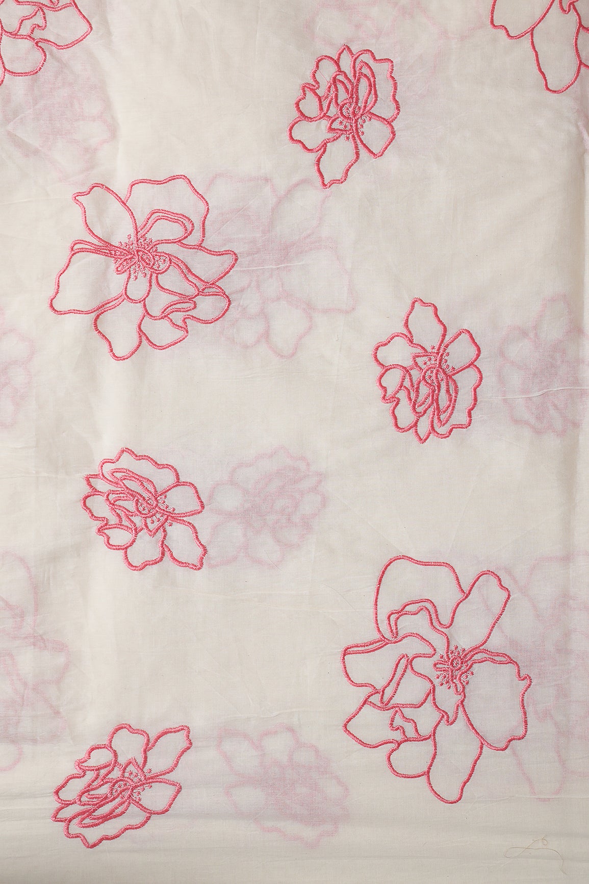Beautiful Gajri Pink Floral Embroidery On Off White Organic Cotton Fabric