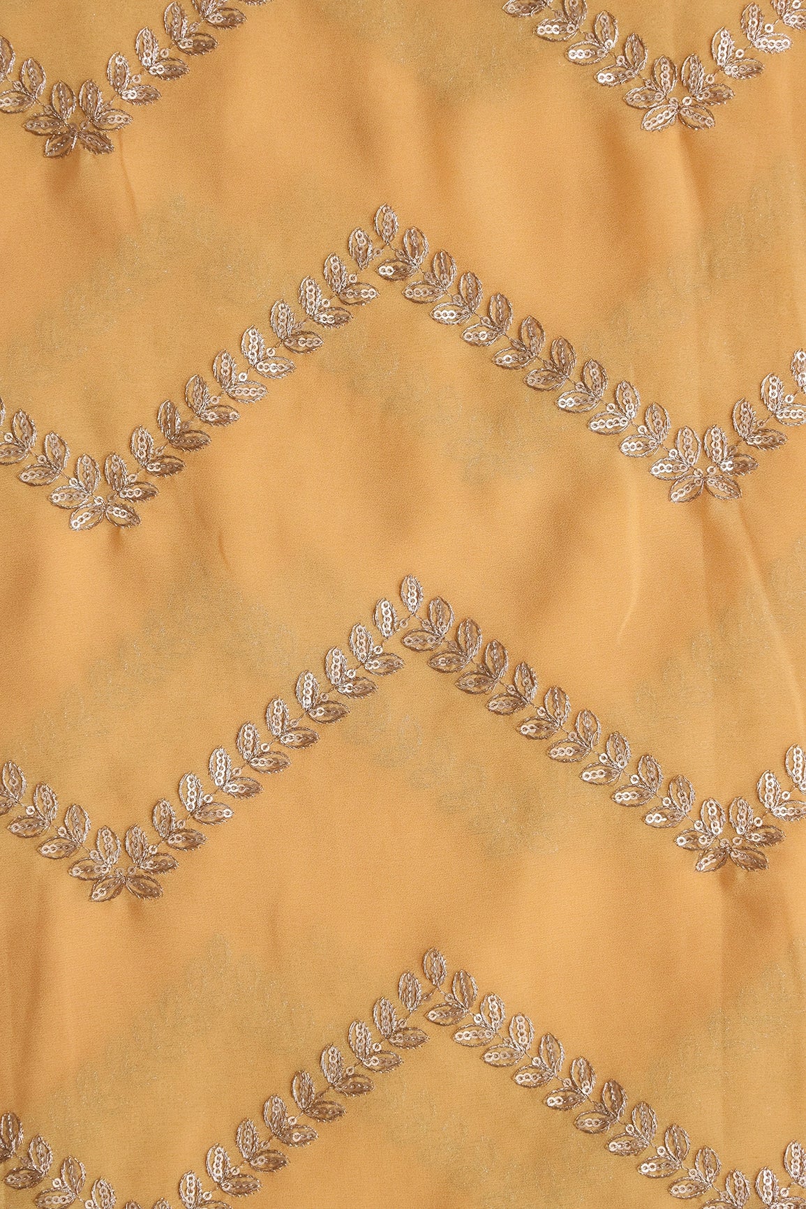 Gold Zari With Gold Sequins Chevron Embroidery Work On Mellow Yellow Georgette Fabric