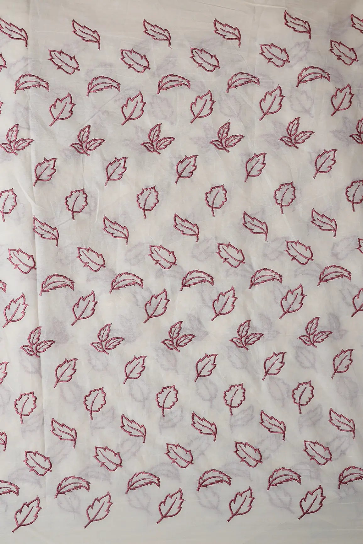 Beautiful Mauve Leafy Embroidery On Off White Organic Cotton Fabric