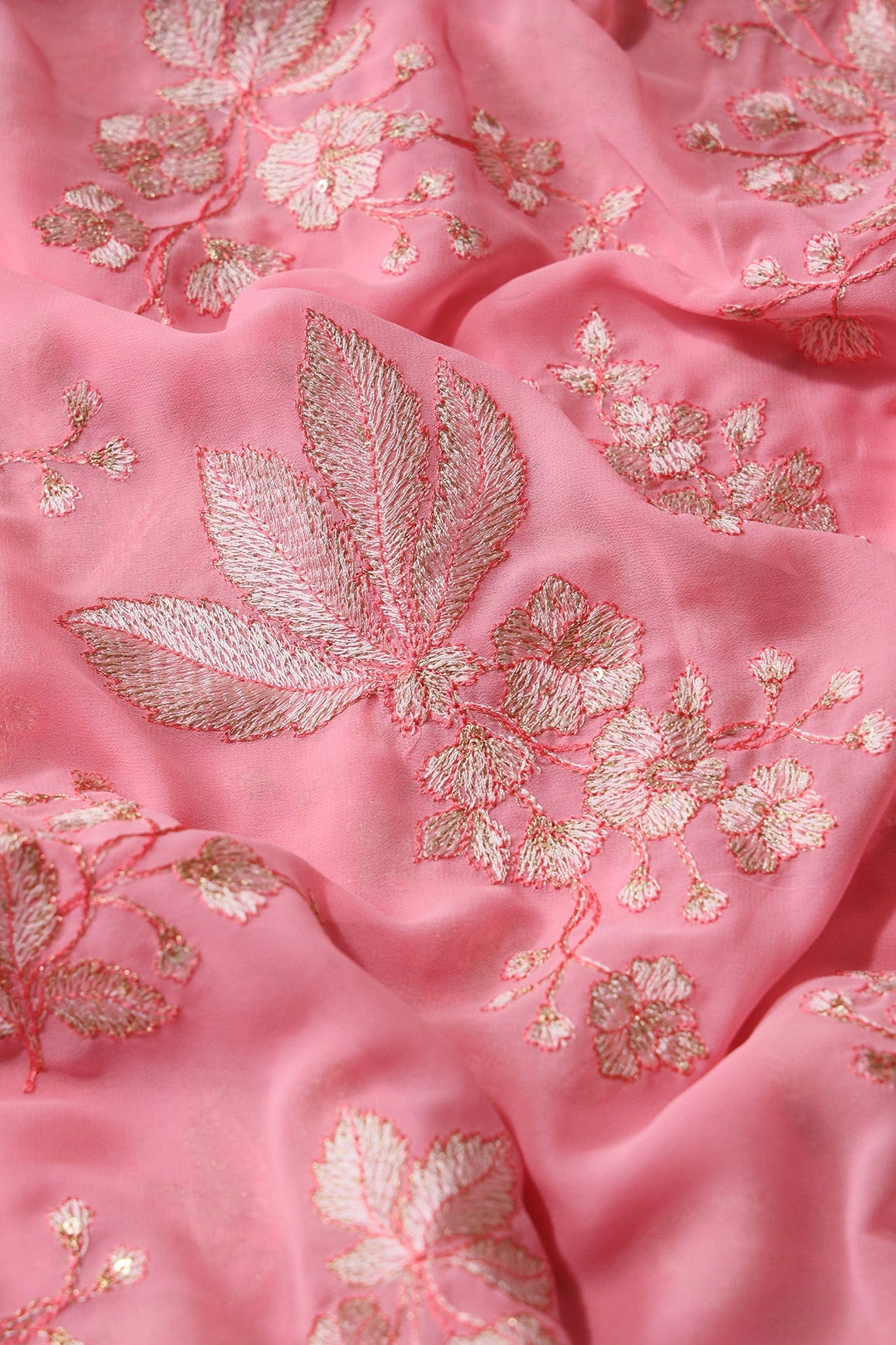 Gold Sequins With Cream Thread Floral Embroidery Work On Pink Georgette Fabric