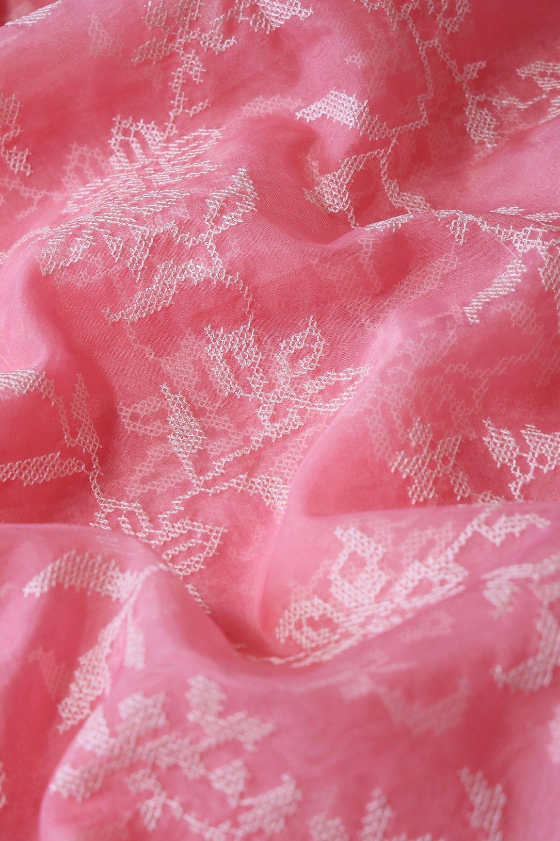 White Thread Magnificent Floral Embroidery Work On Pink Organza Fabric