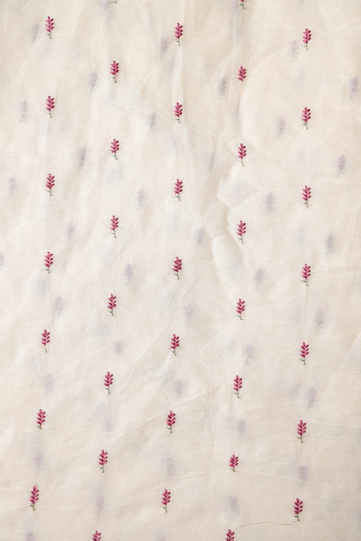 Mauve Small Leafy Embroidery On Off White Pure Cotton Fabric