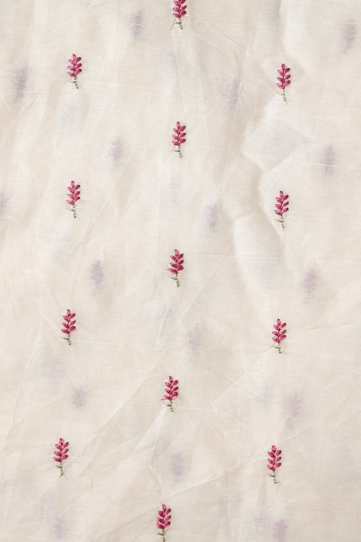 Mauve Small Leafy Embroidery On Off White Pure Cotton Fabric