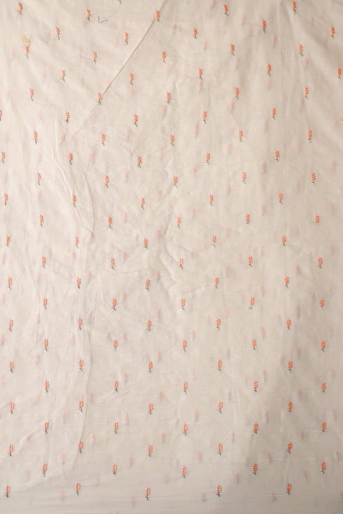 Peach Small Leafy Embroidery On Off White Pure Cotton Fabric