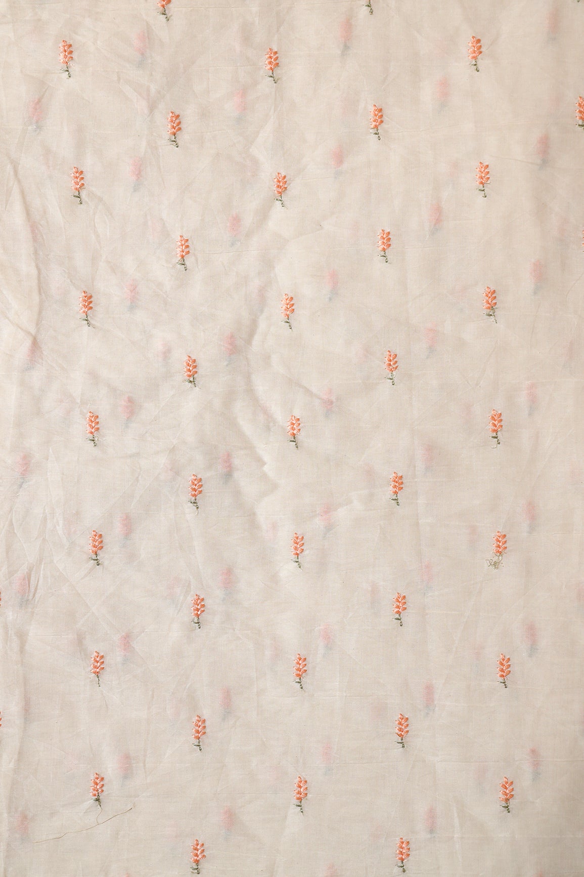 Peach Small Leafy Embroidery On Off White Pure Cotton Fabric