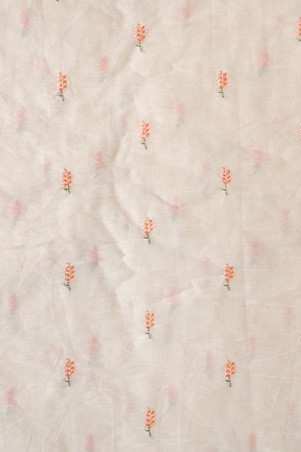 Peach Small Leafy Embroidery On Off White Pure Cotton Fabric