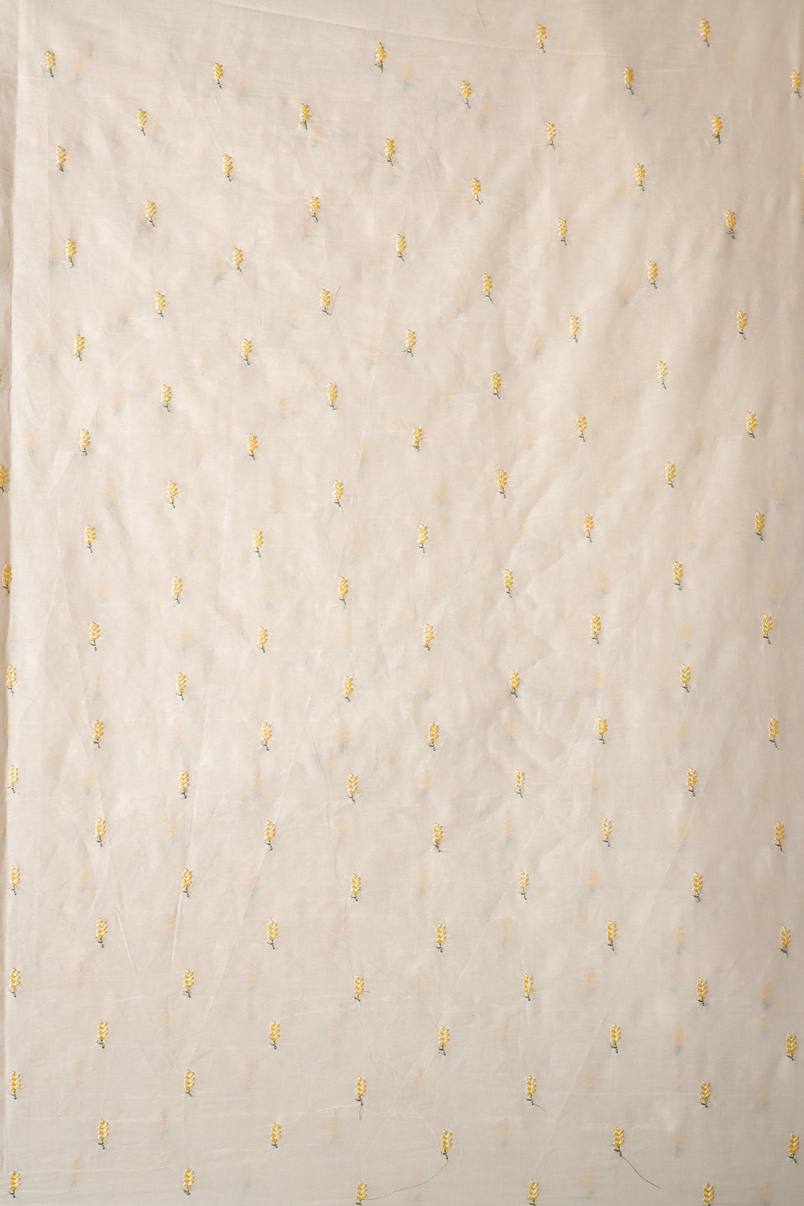 Pastel Yellow Small Leafy Embroidery On Off White Pure Cotton Fabric