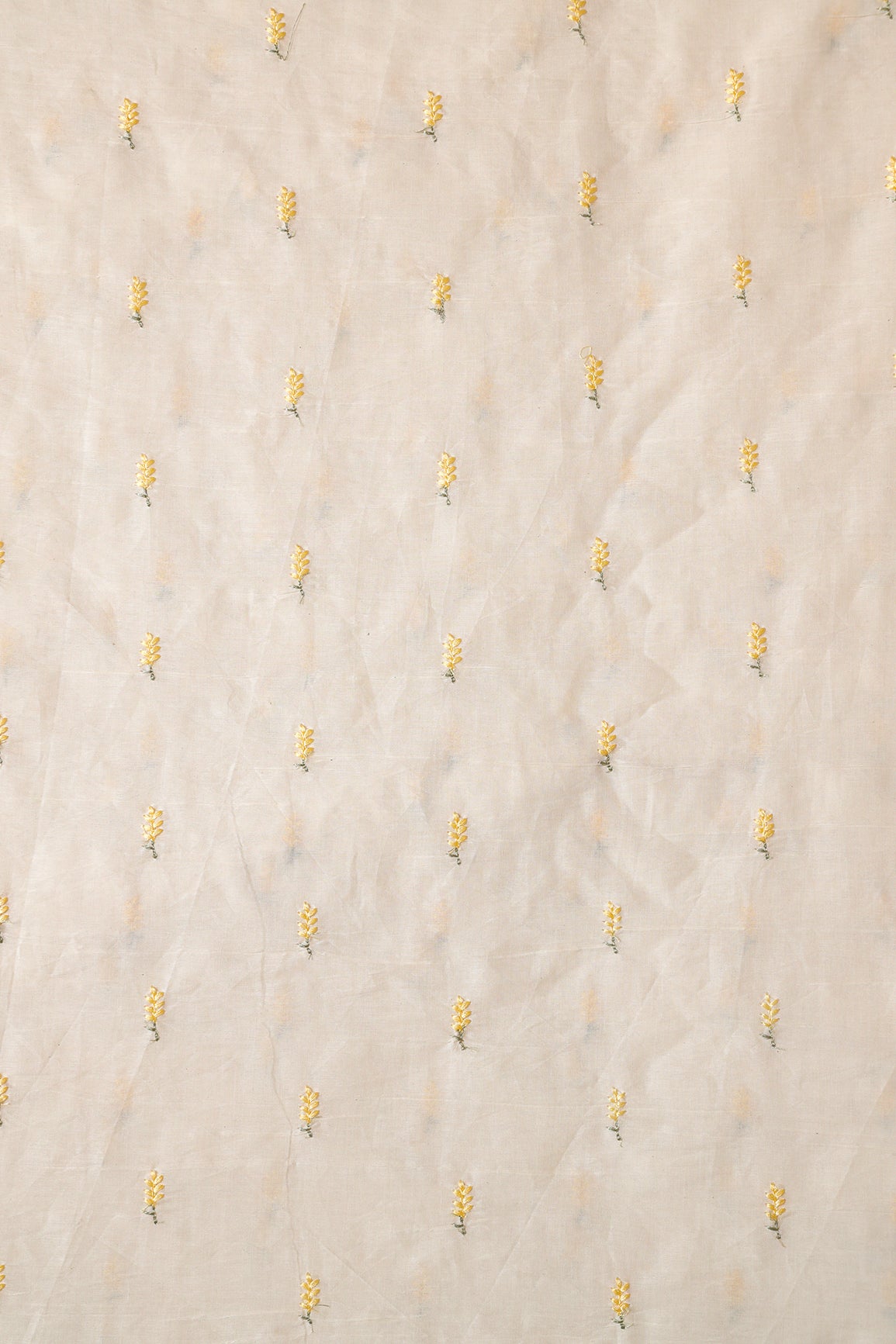 Pastel Yellow Small Leafy Embroidery On Off White Pure Cotton Fabric