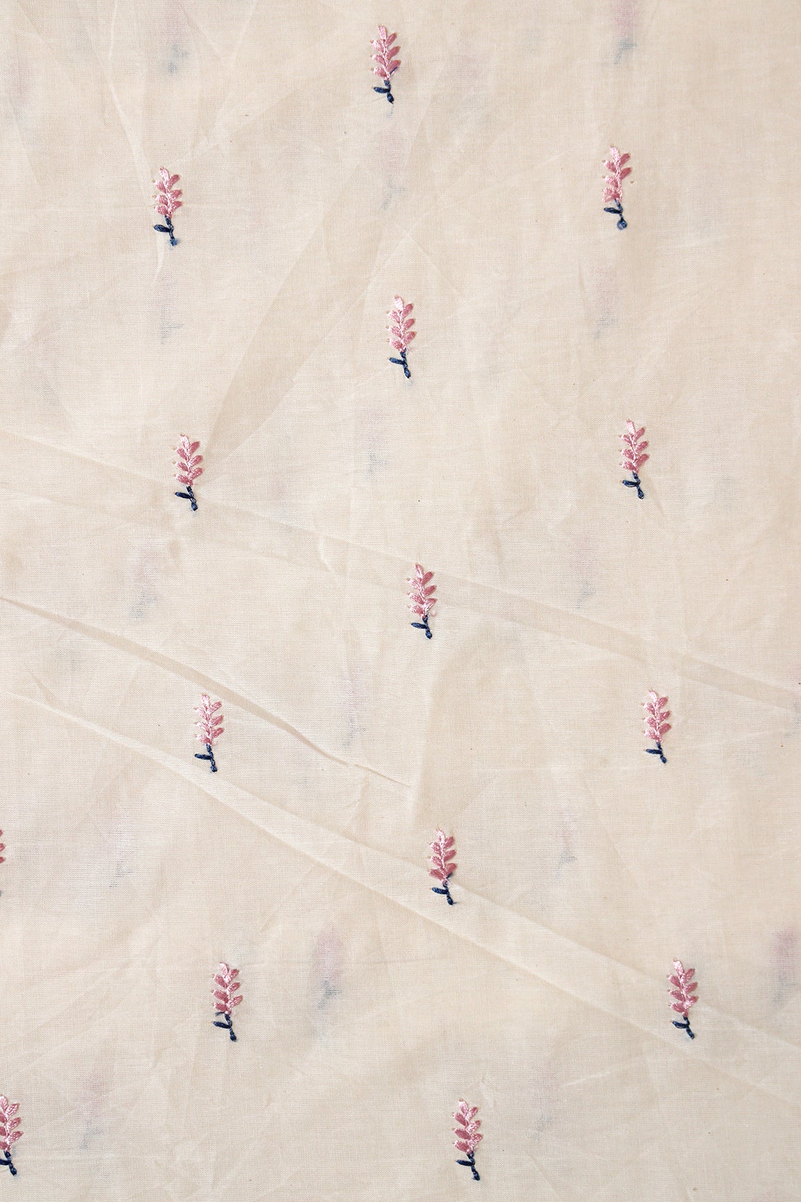 Lilac Small Leafy Embroidery On Off White Pure Cotton Fabric