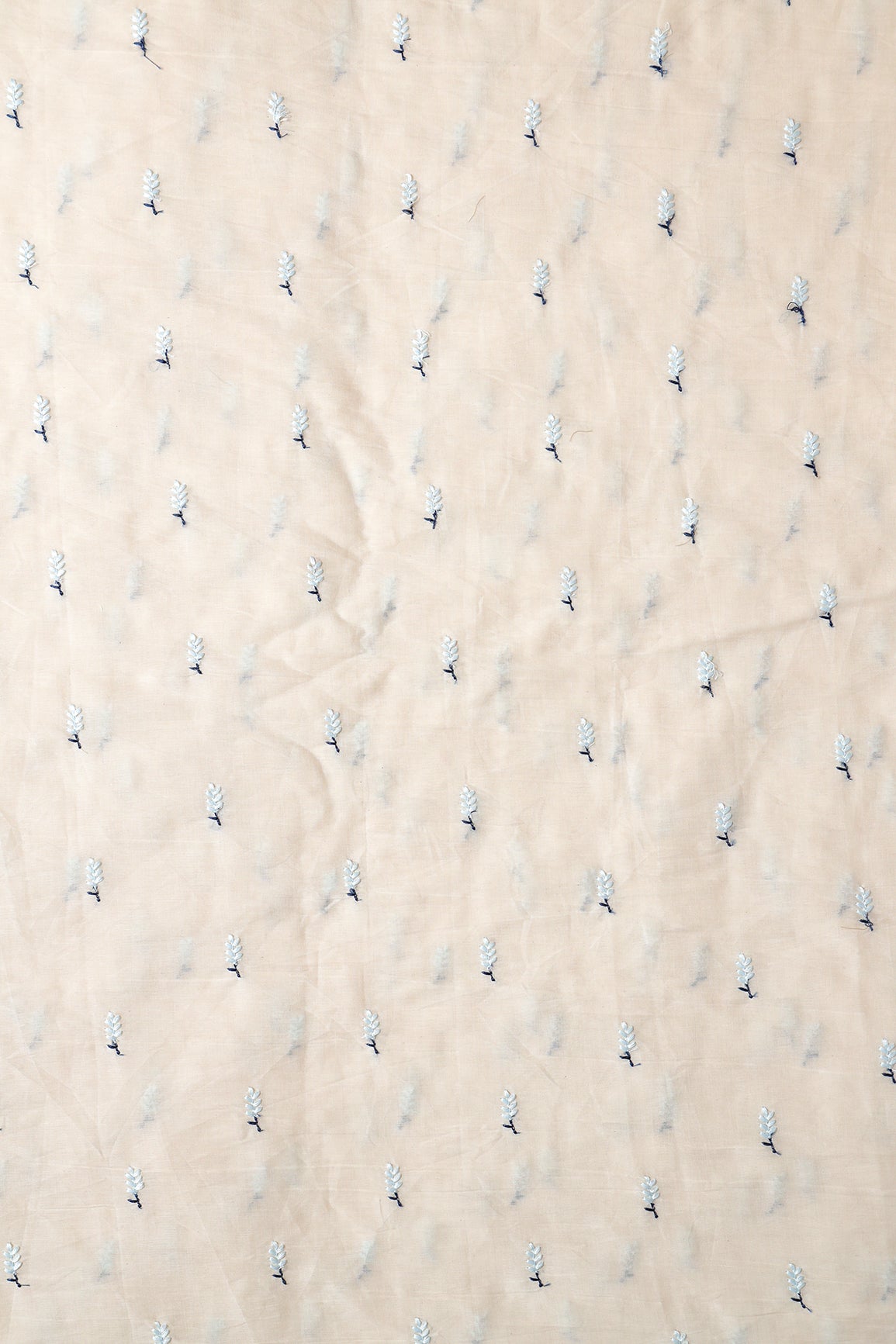 Sky Blue Small Leafy Embroidery On Off White Pure Cotton Fabric