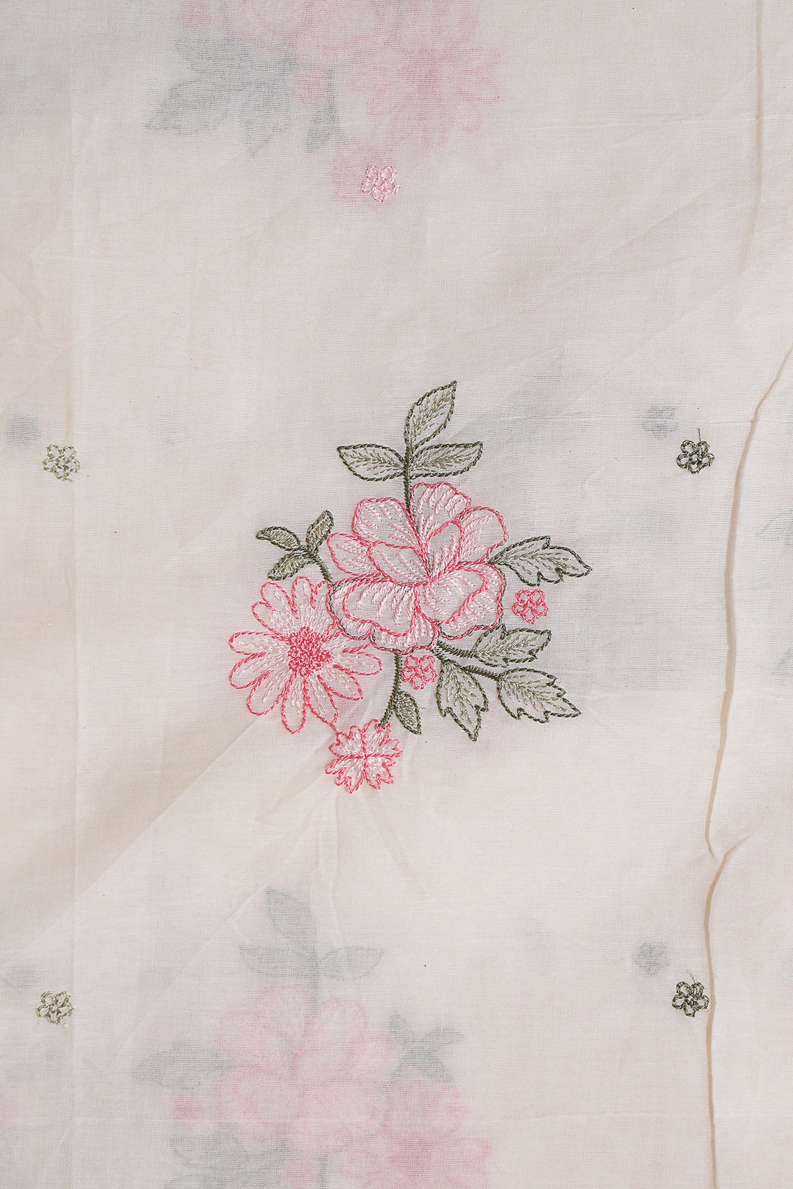 Pink And Olive Thread Floral Embroidery On Off White Organic Cotton Fabric