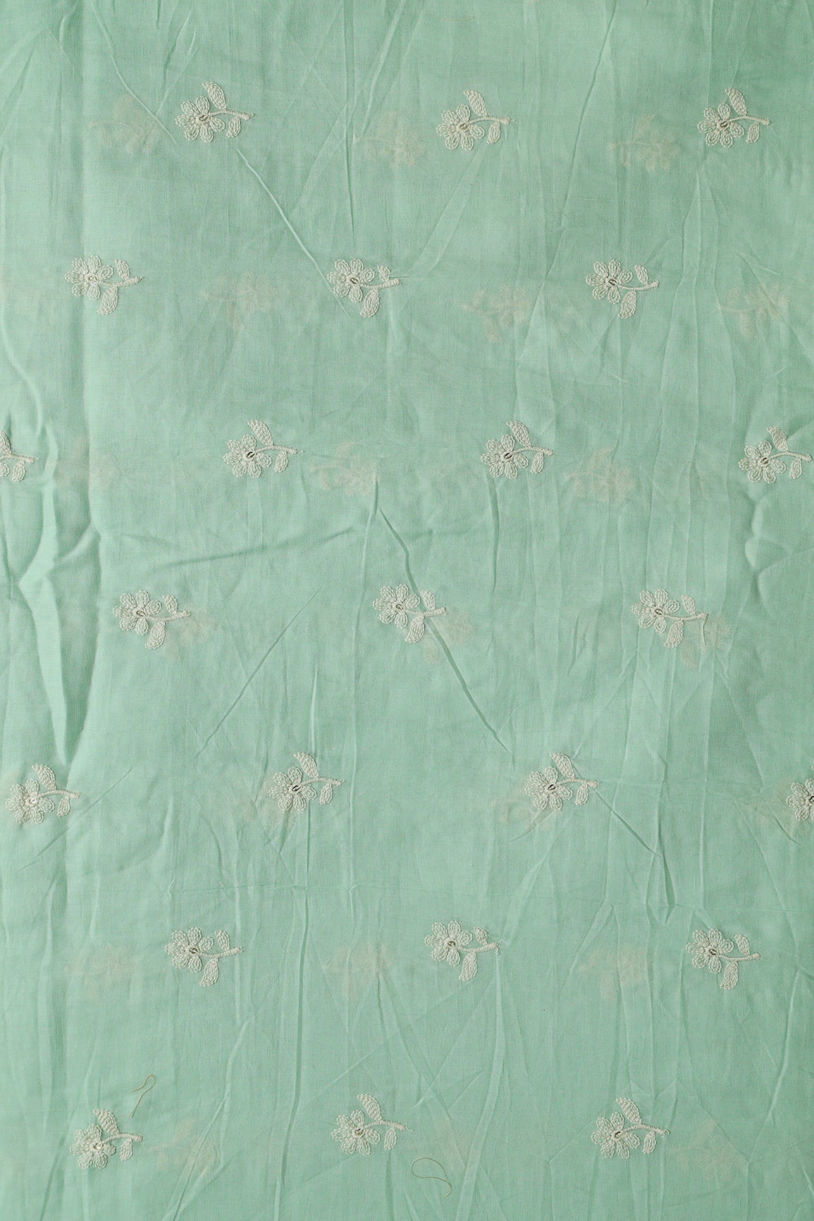 White Thread Small Floral Embroidery On Sea Green Pure Mul Cotton Fabric