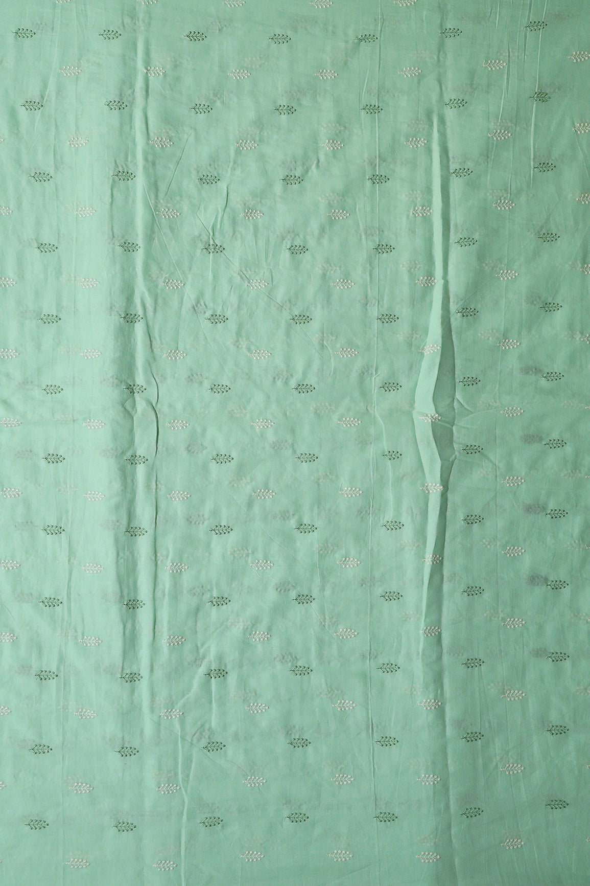 Olive And White Thread Leafy Embroidery On Sea Green Pure Mul Cotton Fabric