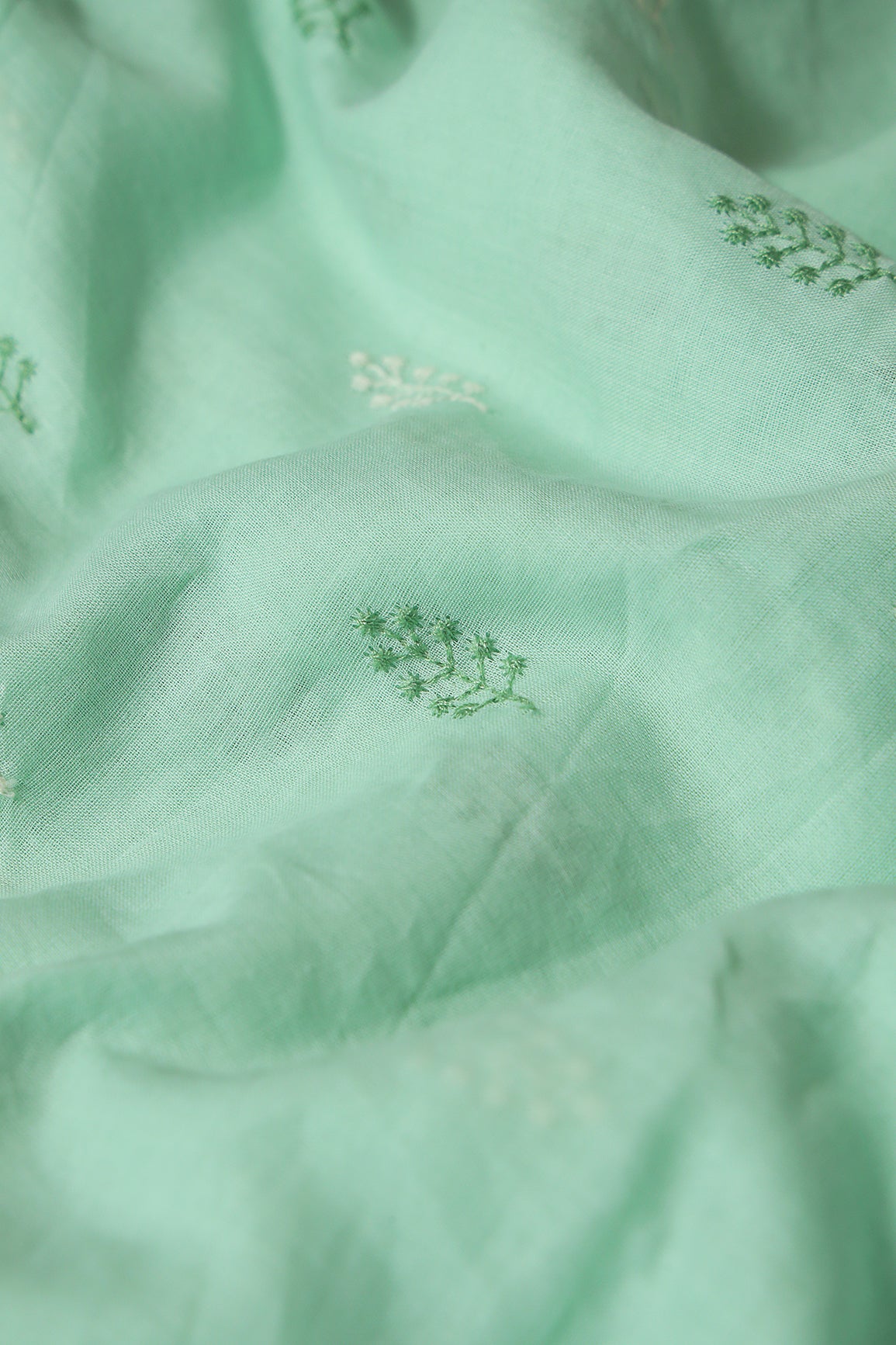 White Floral Embroidery On Sea Green Pure Mul Cotton Unstitched Suit Set (2 Piece)